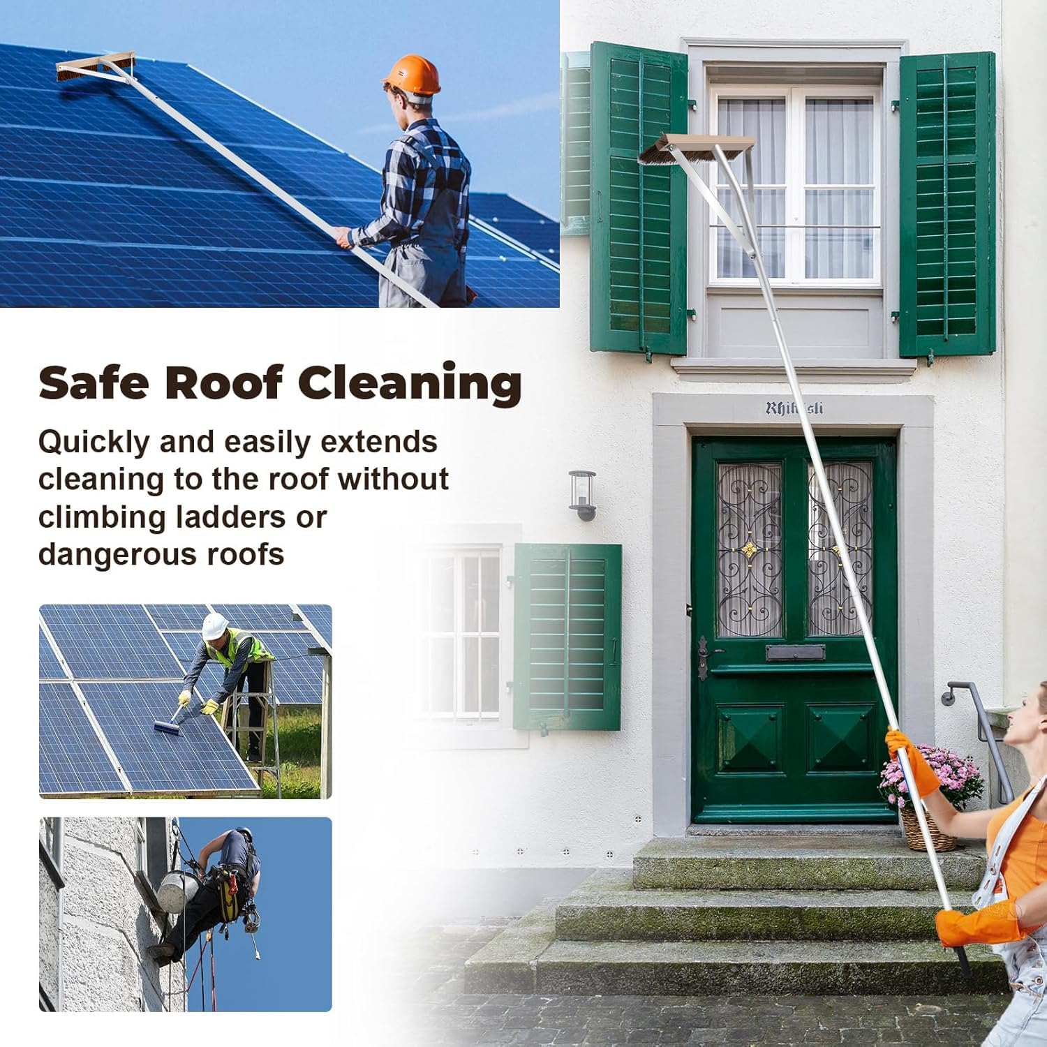 Leaf Roof Brush with Gloves, Roof Rake Remove Leaves, Adjustable 5-21ft Roof Cleaning Brush Tool for Shingles, Corrugated, Solar Panel, Lightweight Long Handle Extension Aluminum Poles Broom