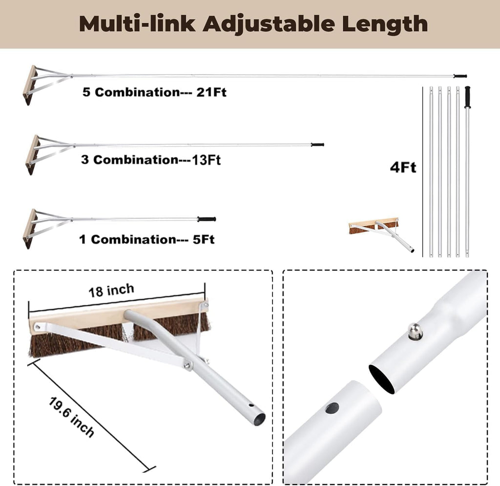Leaf Roof Brush with Gloves, Roof Rake Remove Leaves, Adjustable 5-21ft Roof Cleaning Brush Tool for Shingles, Corrugated, Solar Panel, Lightweight Long Handle Extension Aluminum Poles Broom