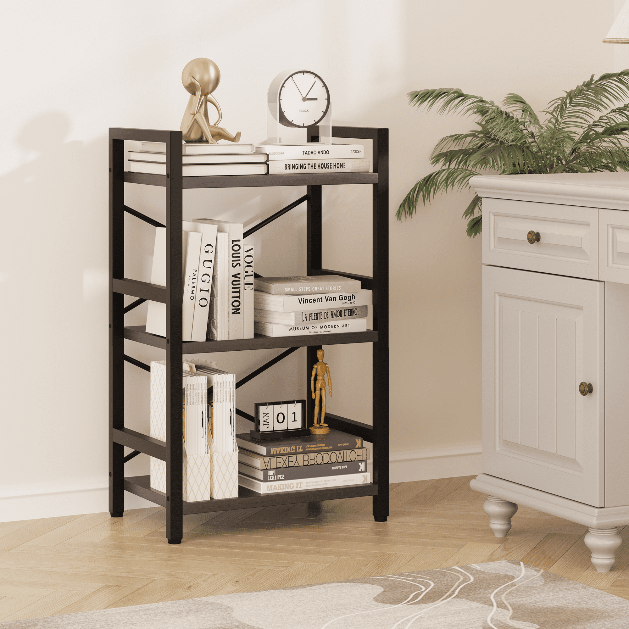 Bookshelf, 3 Tier Industrial Bookcase, Metal Small Bookcase, Rustic Etagere Book Shelf Storage Organizer for Living Room, Bedroom, and Home Office(Grey)