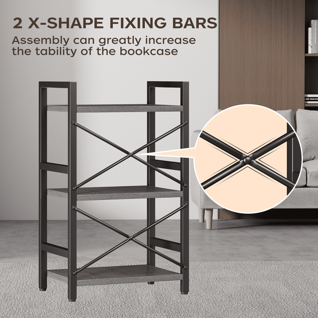 Bookshelf, 3 Tier Industrial Bookcase, Metal Small Bookcase, Rustic Etagere Book Shelf Storage Organizer for Living Room, Bedroom, and Home Office(Grey)