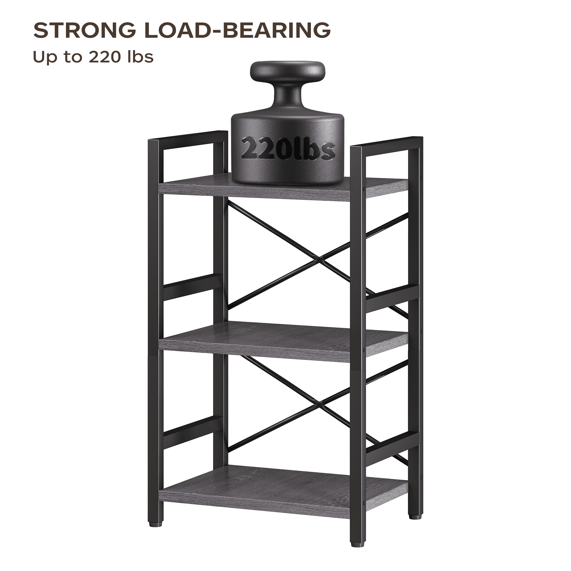 Bookshelf, 3 Tier Industrial Bookcase, Metal Small Bookcase, Rustic Etagere Book Shelf Storage Organizer for Living Room, Bedroom, and Home Office(Grey)
