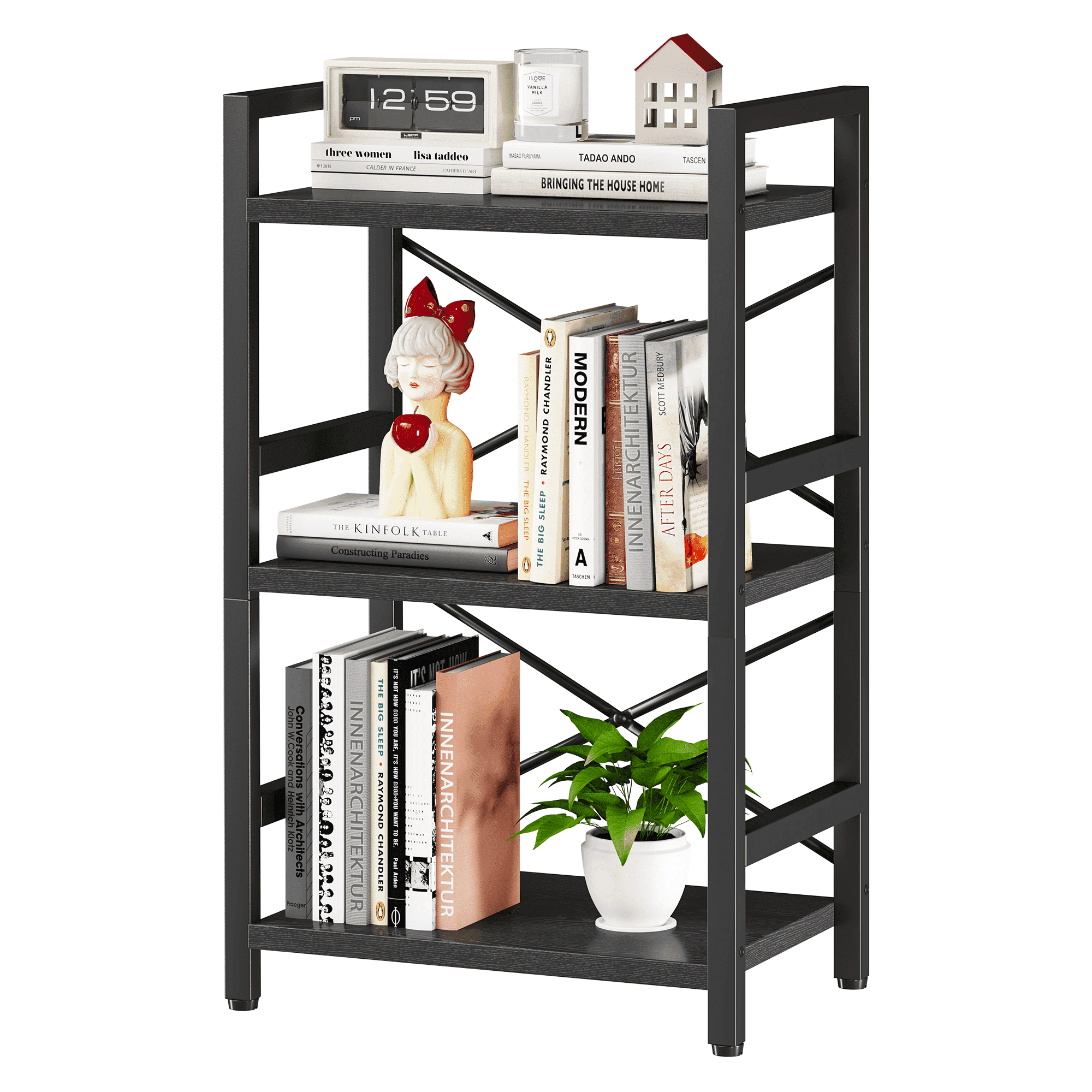 Bookshelf, 3 Tier Industrial Bookcase, Metal Small Bookcase, Rustic Etagere Book Shelf Storage Organizer for Living Room, Bedroom, and Home Office(Grey)