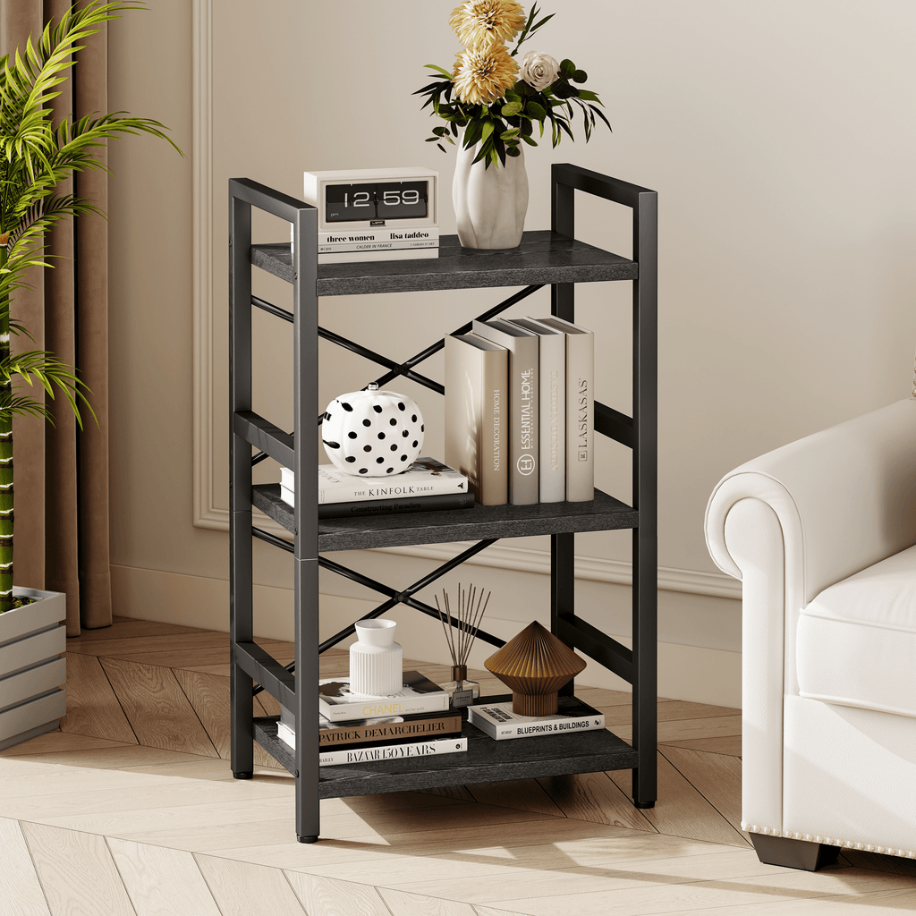 Bookshelf, 3 Tier Industrial Bookcase, Metal Small Bookcase, Rustic Etagere Book Shelf Storage Organizer for Living Room, Bedroom, and Home Office(Grey)