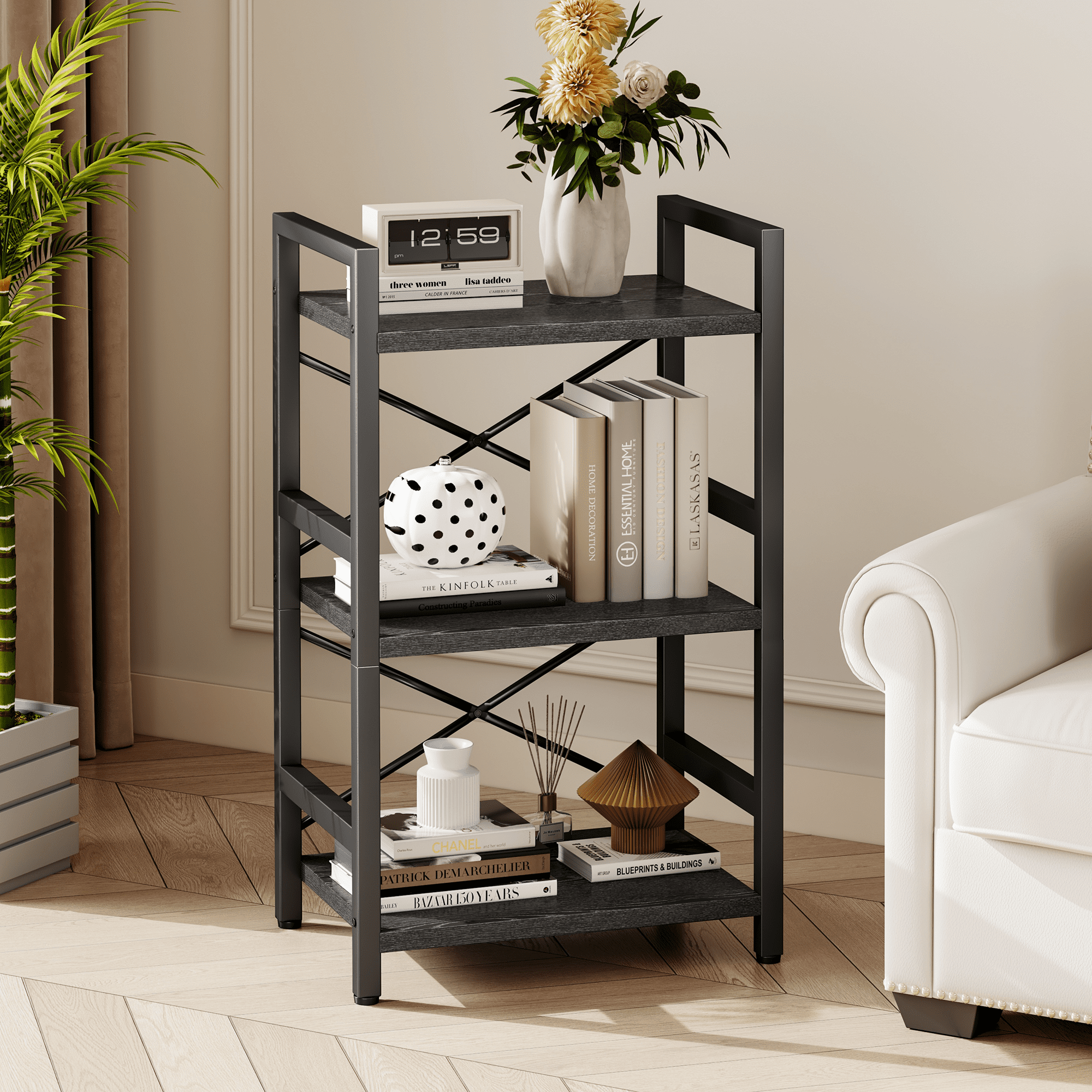 Bookshelf, 3 Tier Industrial Bookcase, Metal Small Bookcase, Rustic Etagere Book Shelf Storage Organizer for Living Room, Bedroom, and Home Office(Grey)