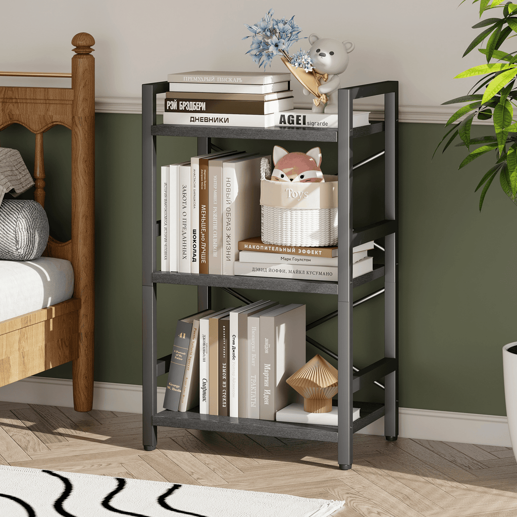 Bookshelf, 3 Tier Industrial Bookcase, Metal Small Bookcase, Rustic Etagere Book Shelf Storage Organizer for Living Room, Bedroom, and Home Office(Grey)