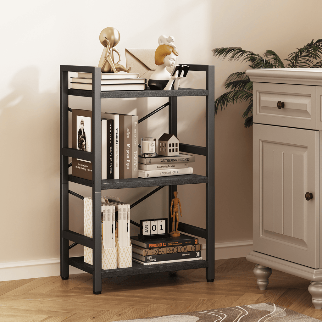 Bookshelf, 3 Tier Industrial Bookcase, Metal Small Bookcase, Rustic Etagere Book Shelf Storage Organizer for Living Room, Bedroom, and Home Office(Grey)