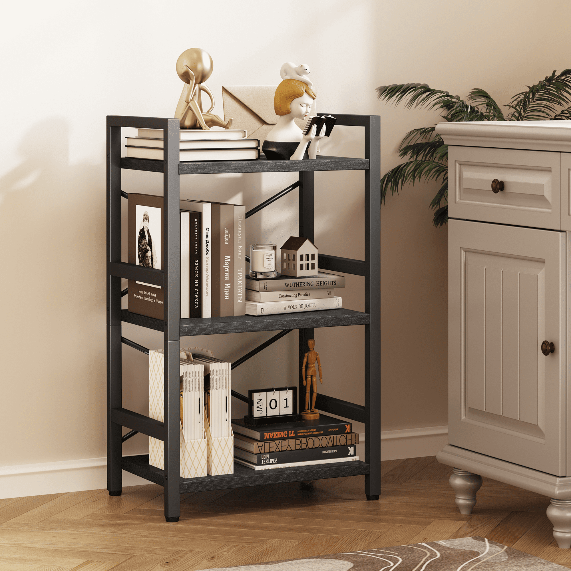 Bookshelf, 3 Tier Industrial Bookcase, Metal Small Bookcase, Rustic Etagere Book Shelf Storage Organizer for Living Room, Bedroom, and Home Office(Grey)
