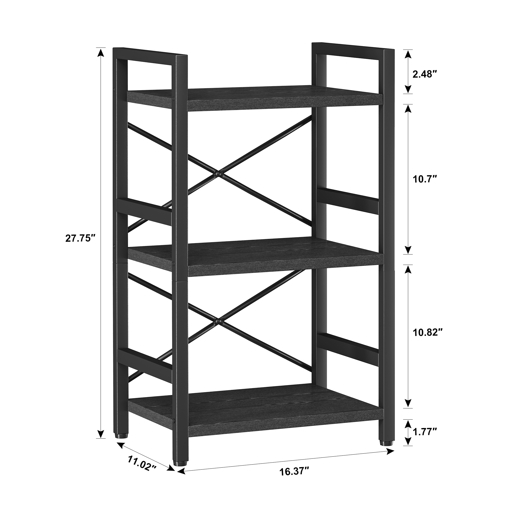 Bookshelf, 3 Tier Industrial Bookcase, Metal Small Bookcase, Rustic Etagere Book Shelf Storage Organizer for Living Room, Bedroom, and Home Office(Grey)