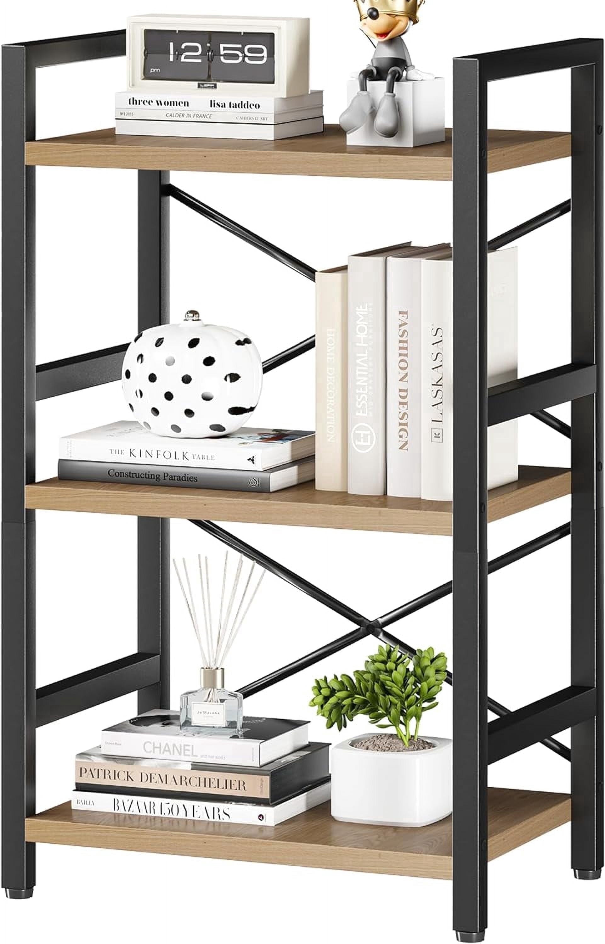 Bookshelf, 3 Tier Industrial Bookcase, Metal Small Bookcase, Rustic Etagere Book Shelf Storage Organizer for Living Room, Bedroom, and Home Office(Grey)