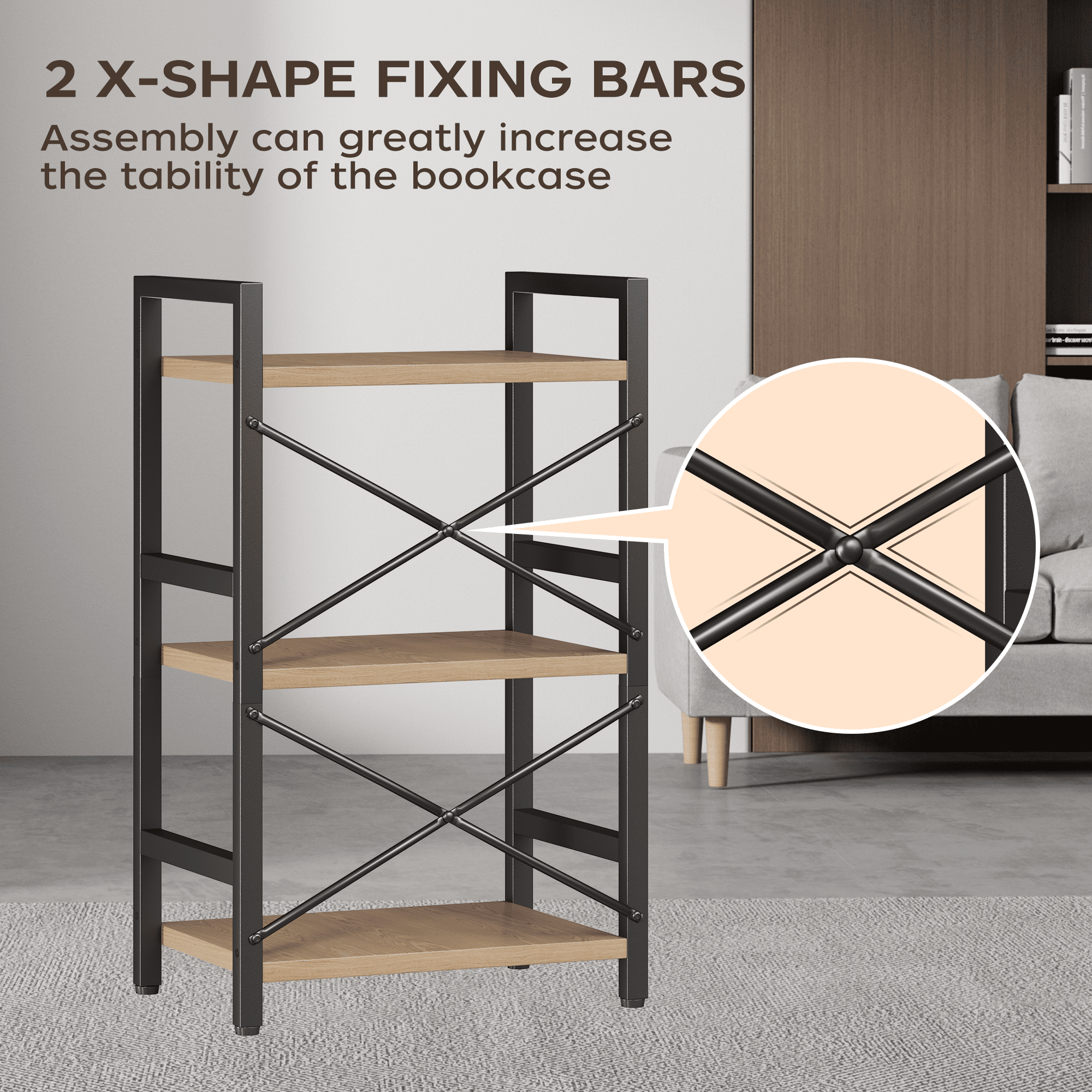 Bookshelf, 3 Tier Industrial Bookcase, Metal Small Bookcase, Rustic Etagere Book Shelf Storage Organizer for Living Room, Bedroom, and Home Office(Grey)