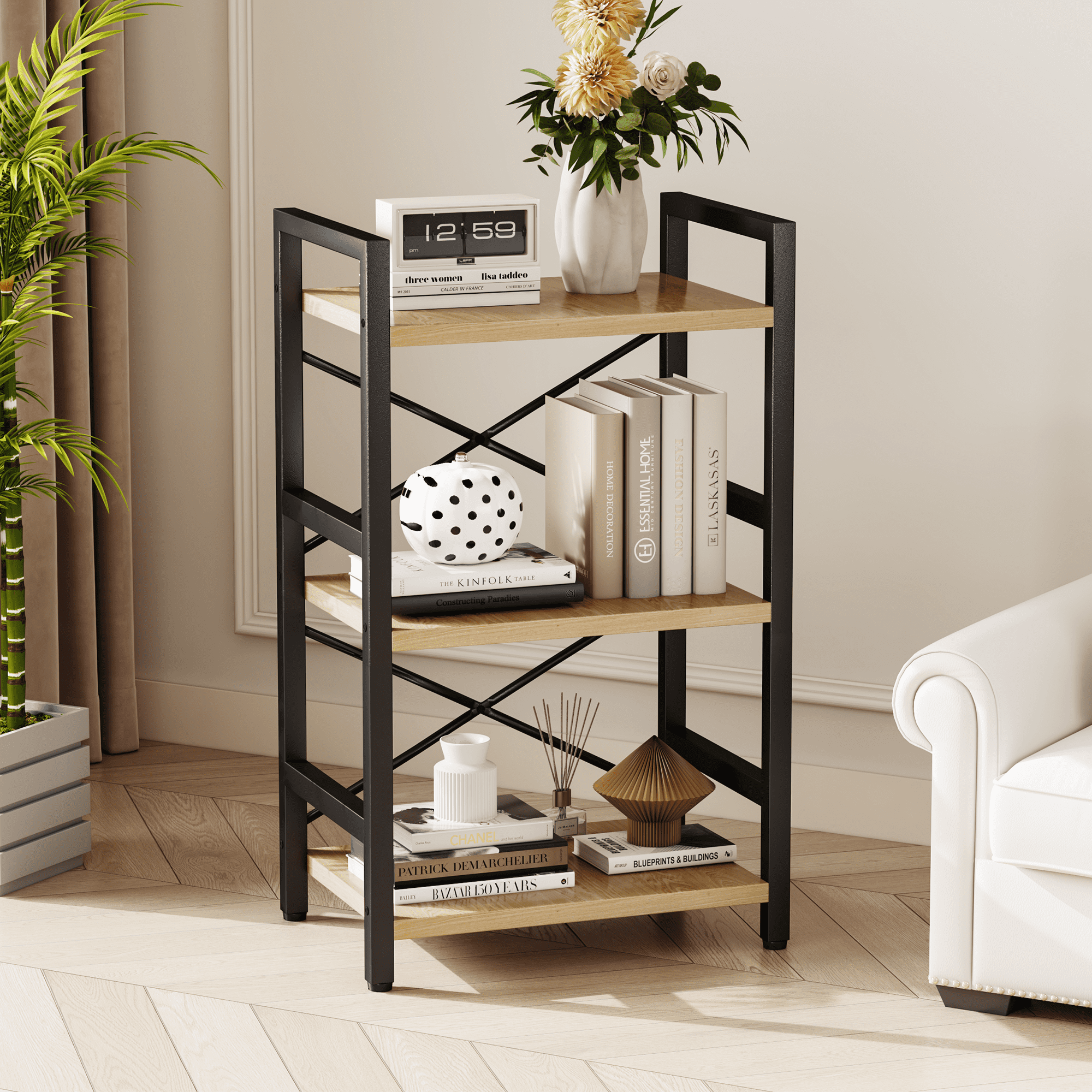Bookshelf, 3 Tier Industrial Bookcase, Metal Small Bookcase, Rustic Etagere Book Shelf Storage Organizer for Living Room, Bedroom, and Home Office(Grey)