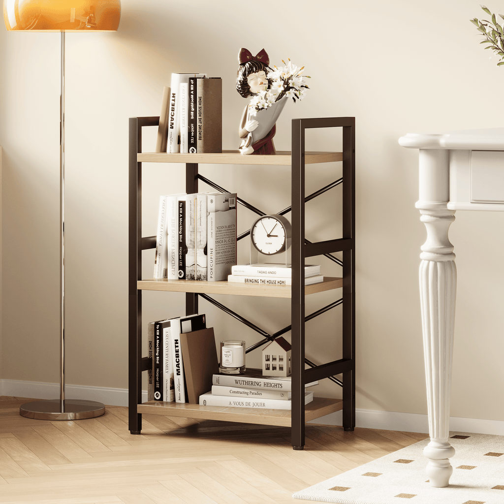 Bookshelf, 3 Tier Industrial Bookcase, Metal Small Bookcase, Rustic Etagere Book Shelf Storage Organizer for Living Room, Bedroom, and Home Office(Grey)
