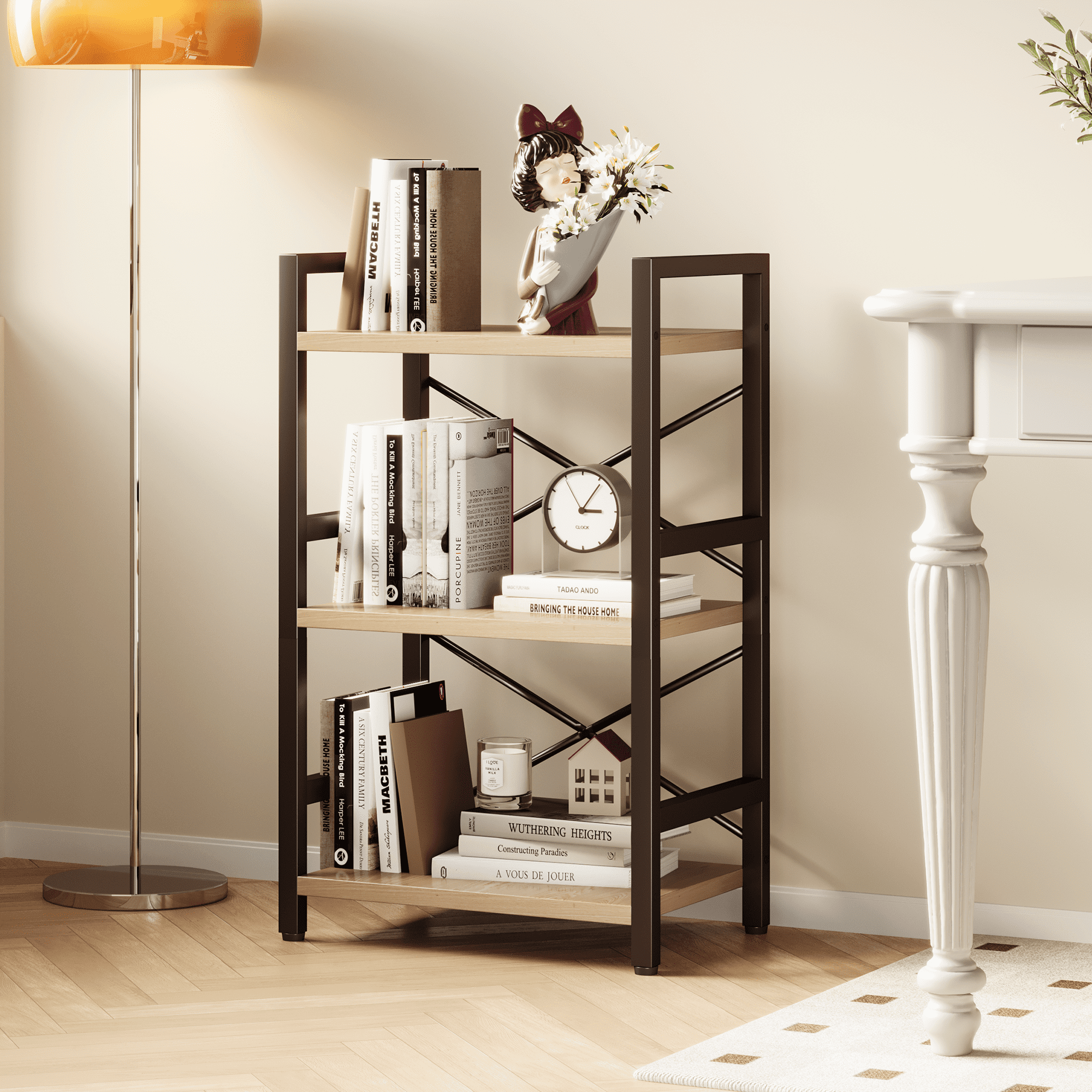 Bookshelf, 3 Tier Industrial Bookcase, Metal Small Bookcase, Rustic Etagere Book Shelf Storage Organizer for Living Room, Bedroom, and Home Office(Grey)