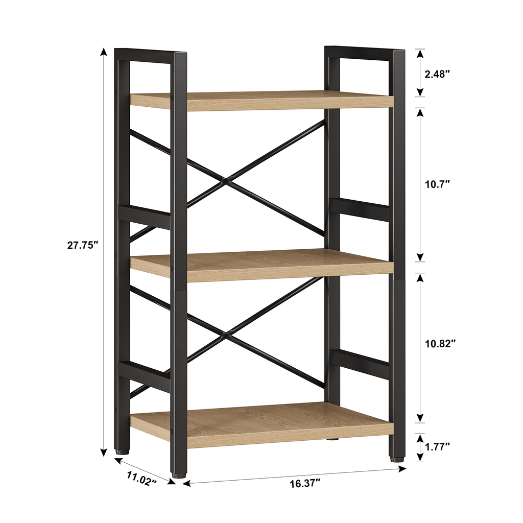 Bookshelf, 3 Tier Industrial Bookcase, Metal Small Bookcase, Rustic Etagere Book Shelf Storage Organizer for Living Room, Bedroom, and Home Office(Grey)
