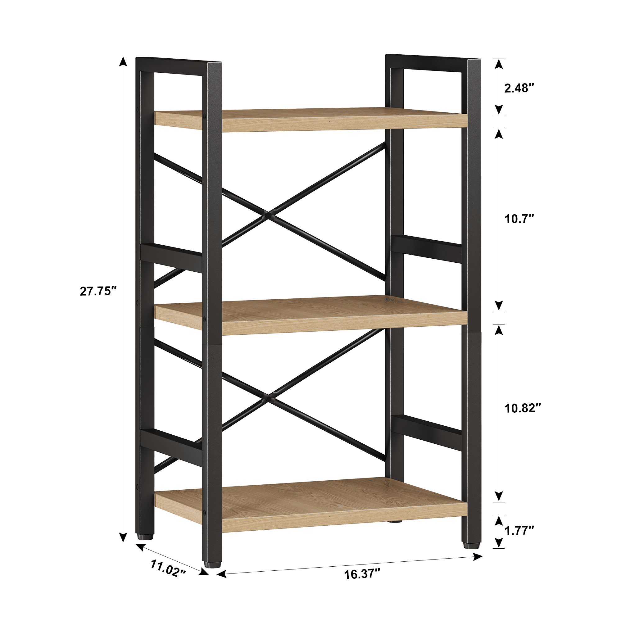 Bookshelf, 3 Tier Industrial Bookcase, Metal Small Bookcase, Rustic Etagere Book Shelf Storage Organizer for Living Room, Bedroom, and Home Office(Grey)