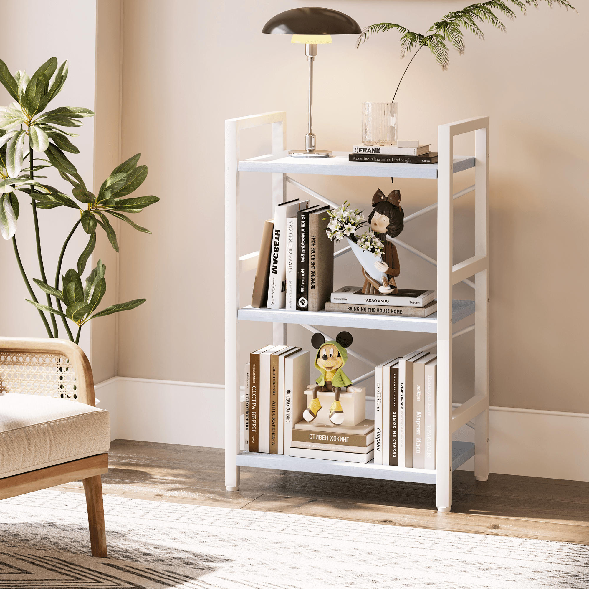 Bookshelf, 3 Tier Industrial Bookcase, Metal Small Bookcase, Rustic Etagere Book Shelf Storage Organizer for Living Room, Bedroom, and Home Office(Grey)