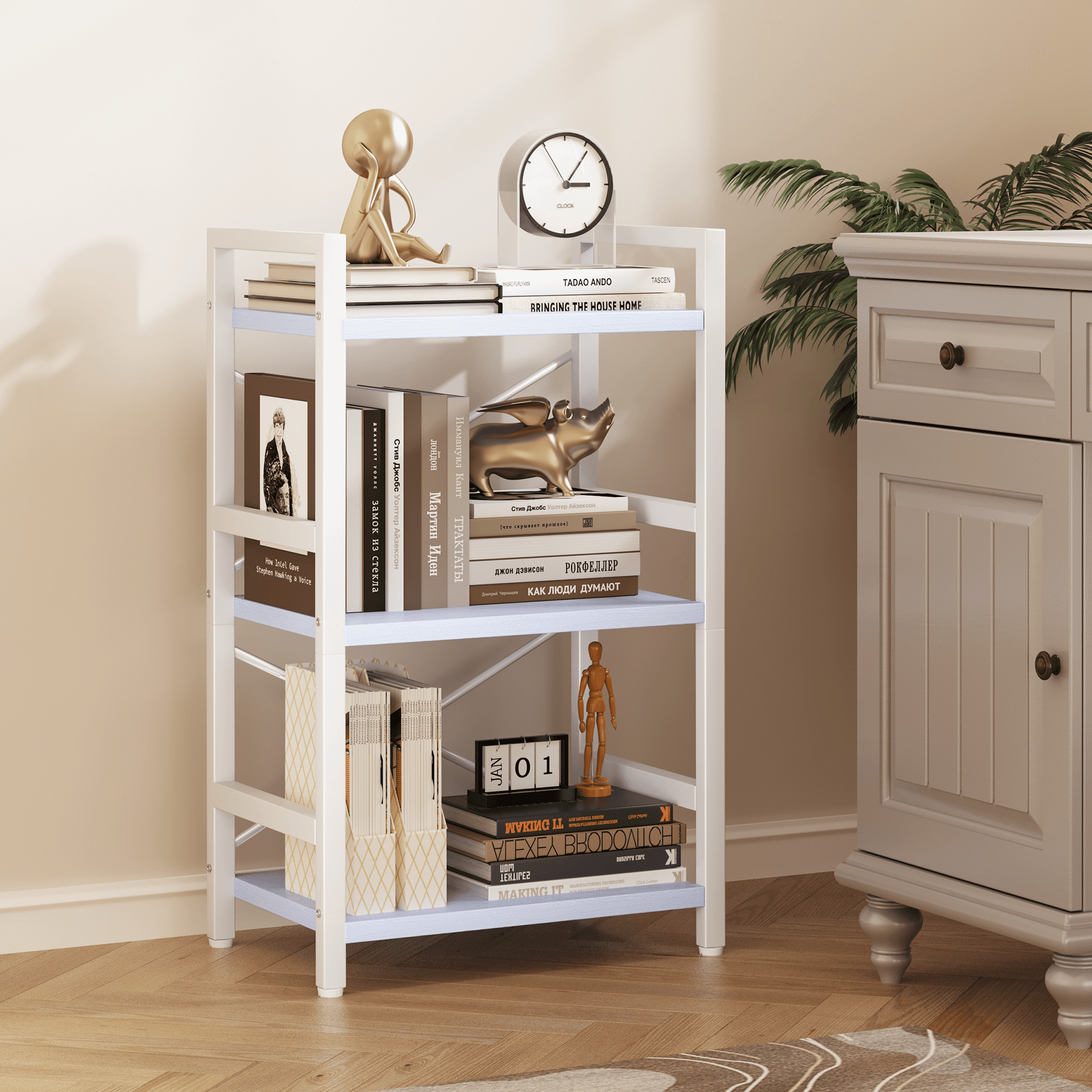 Bookshelf, 3 Tier Industrial Bookcase, Metal Small Bookcase, Rustic Etagere Book Shelf Storage Organizer for Living Room, Bedroom, and Home Office(Grey)