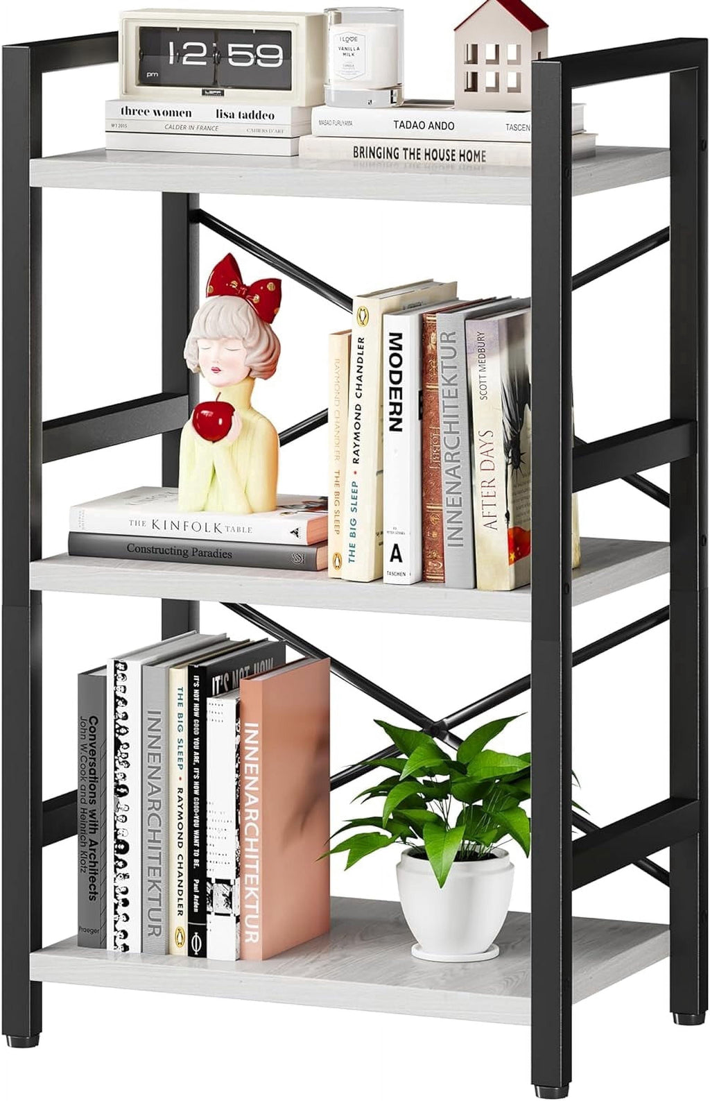 Bookshelf, 3 Tier Industrial Bookcase, Metal Small Bookcase, Rustic Etagere Book Shelf Storage Organizer for Living Room, Bedroom, and Home Office(Grey)