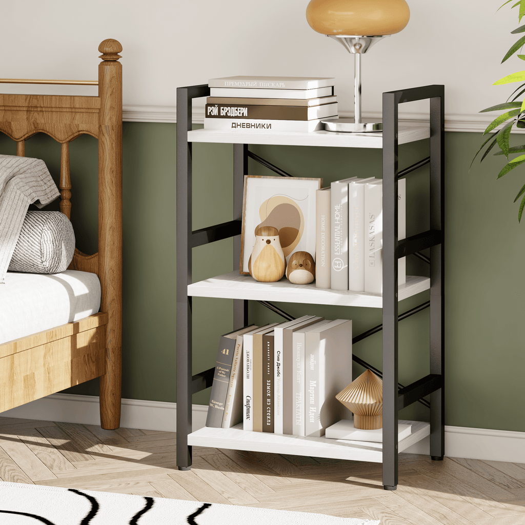 Bookshelf, 3 Tier Industrial Bookcase, Metal Small Bookcase, Rustic Etagere Book Shelf Storage Organizer for Living Room, Bedroom, and Home Office(Grey)