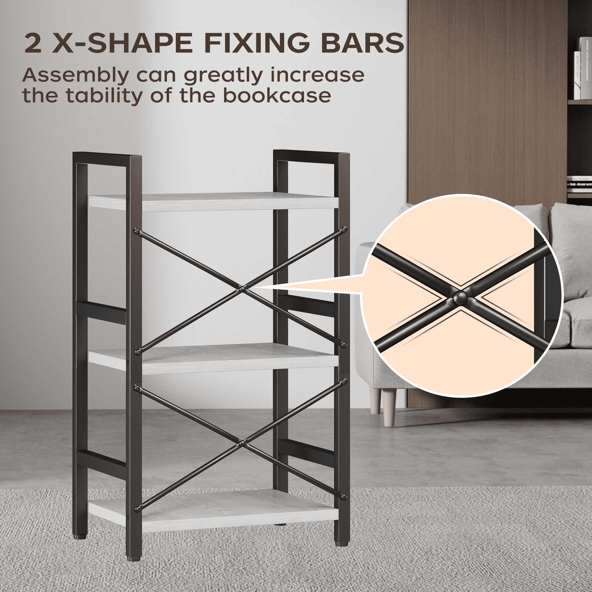 Bookshelf, 3 Tier Industrial Bookcase, Metal Small Bookcase, Rustic Etagere Book Shelf Storage Organizer for Living Room, Bedroom, and Home Office(Grey)