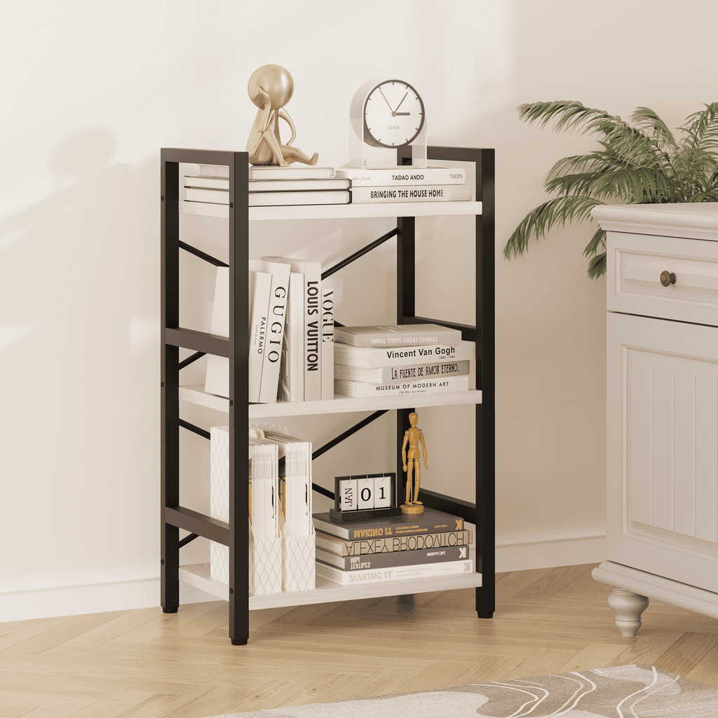 Bookshelf, 3 Tier Industrial Bookcase, Metal Small Bookcase, Rustic Etagere Book Shelf Storage Organizer for Living Room, Bedroom, and Home Office(Grey)