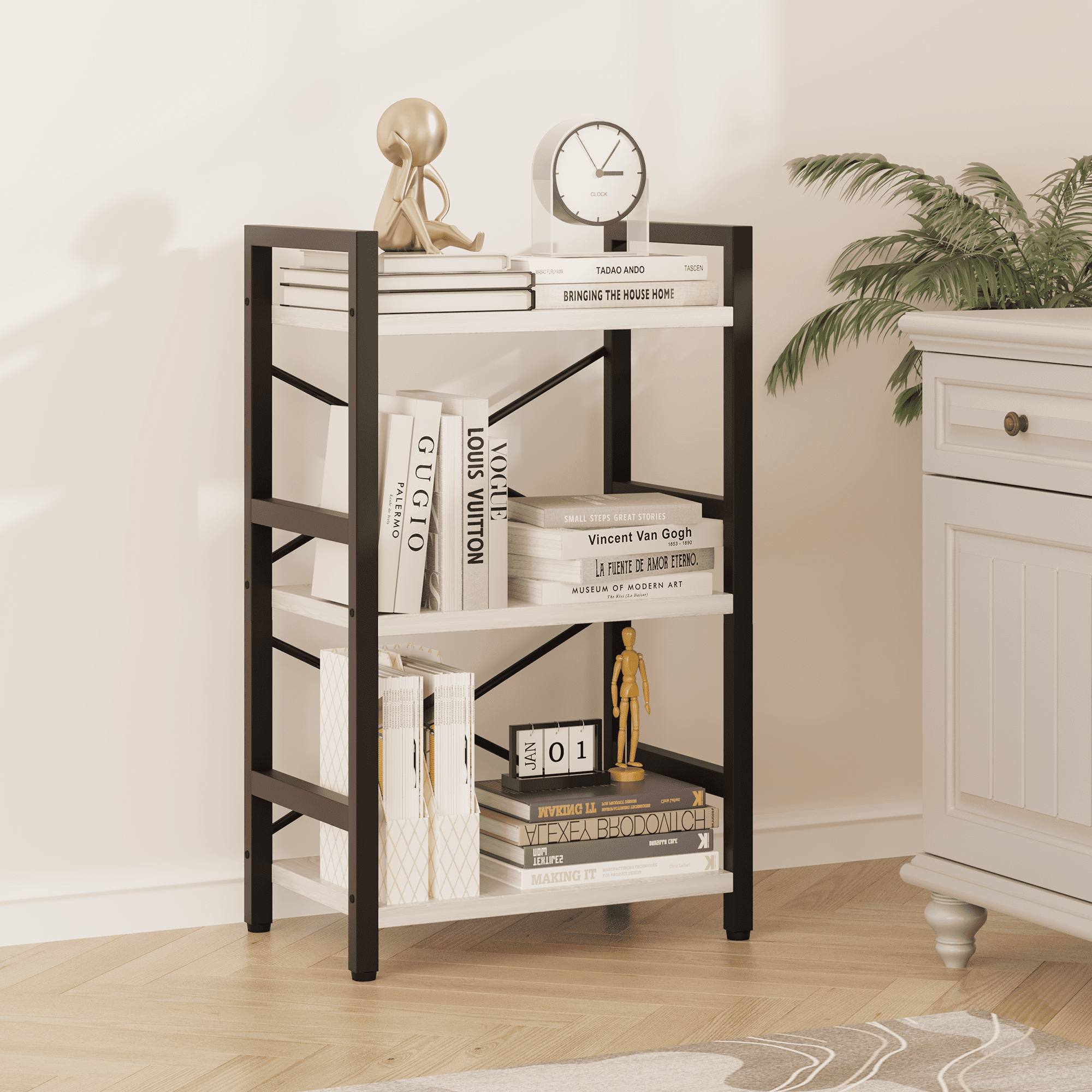 Bookshelf, 3 Tier Industrial Bookcase, Metal Small Bookcase, Rustic Etagere Book Shelf Storage Organizer for Living Room, Bedroom, and Home Office(Grey)