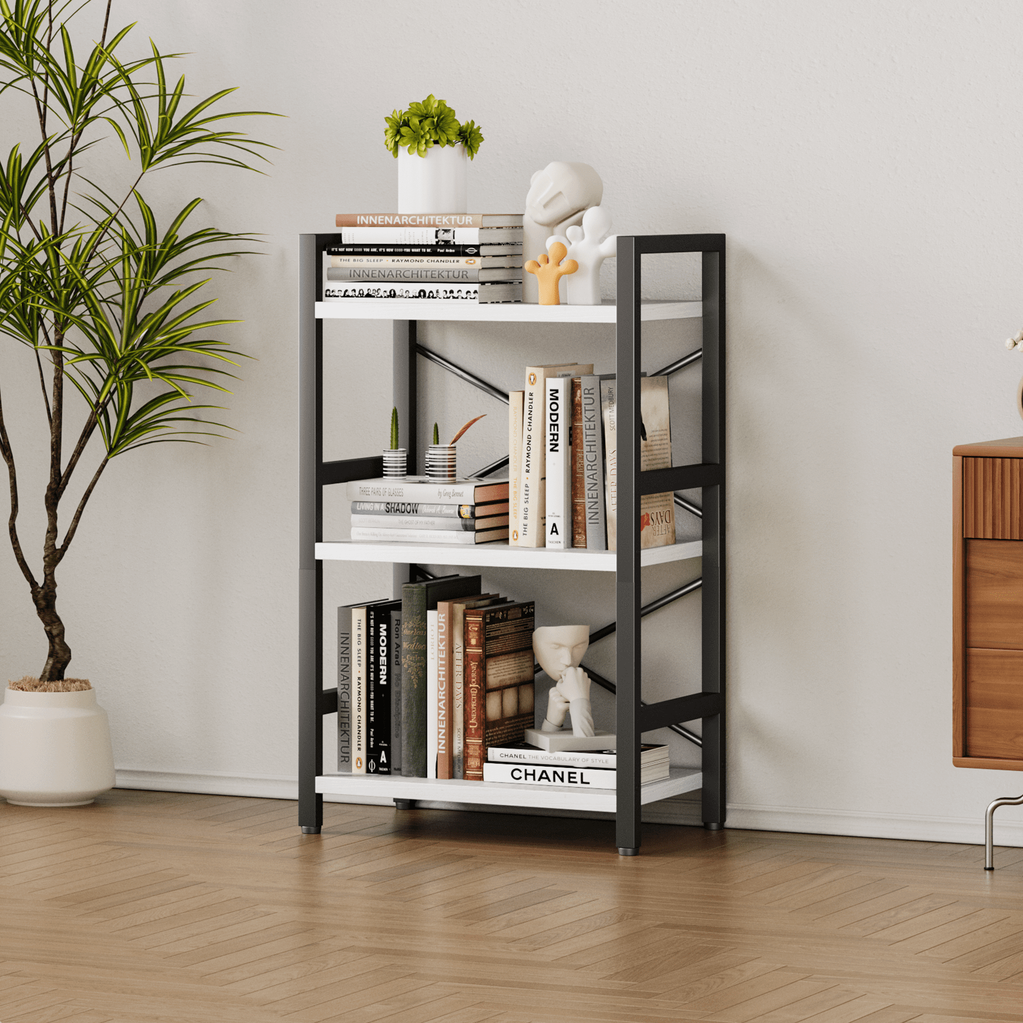 Bookshelf, 3 Tier Industrial Bookcase, Metal Small Bookcase, Rustic Etagere Book Shelf Storage Organizer for Living Room, Bedroom, and Home Office(Grey)