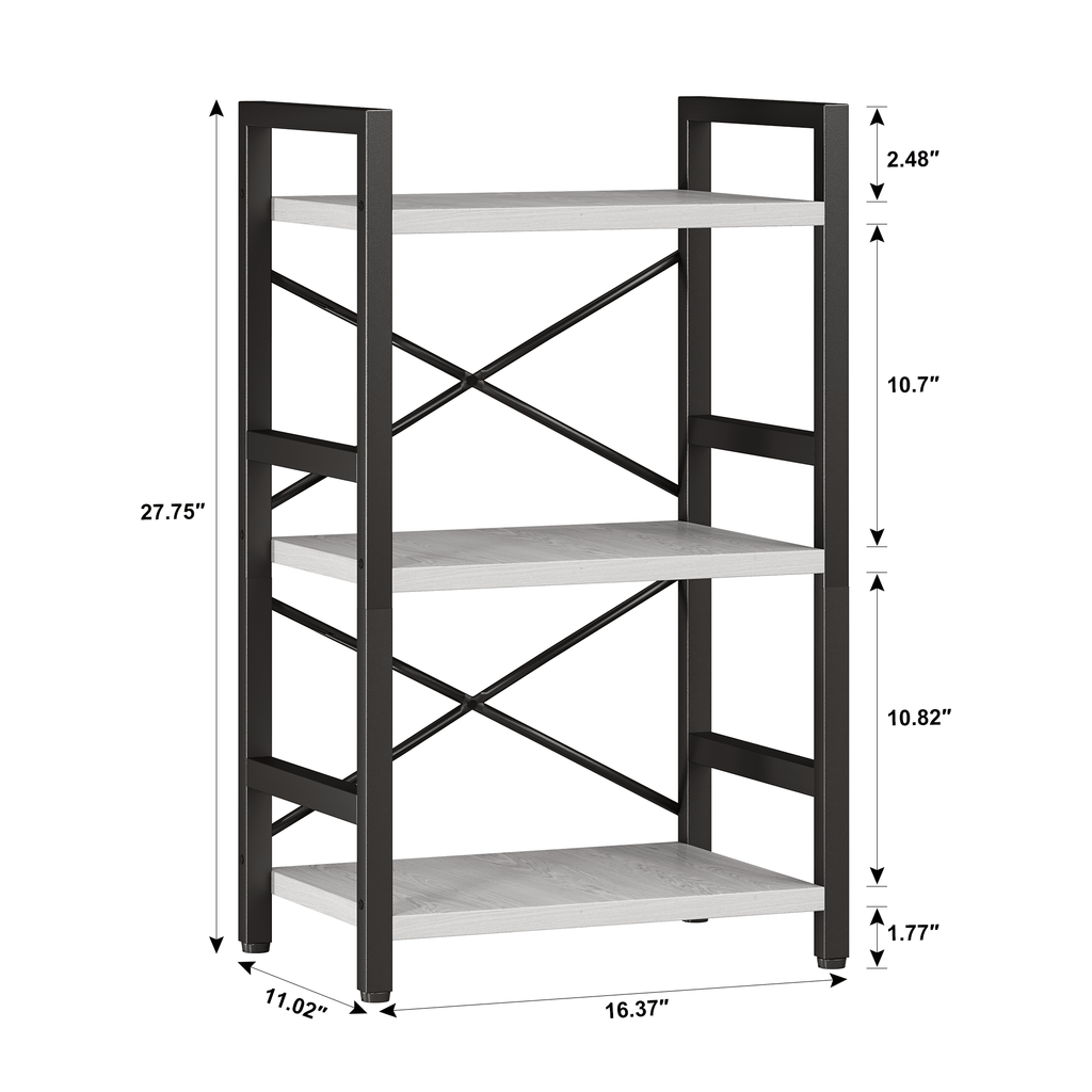 Bookshelf, 3 Tier Industrial Bookcase, Metal Small Bookcase, Rustic Etagere Book Shelf Storage Organizer for Living Room, Bedroom, and Home Office(Grey)