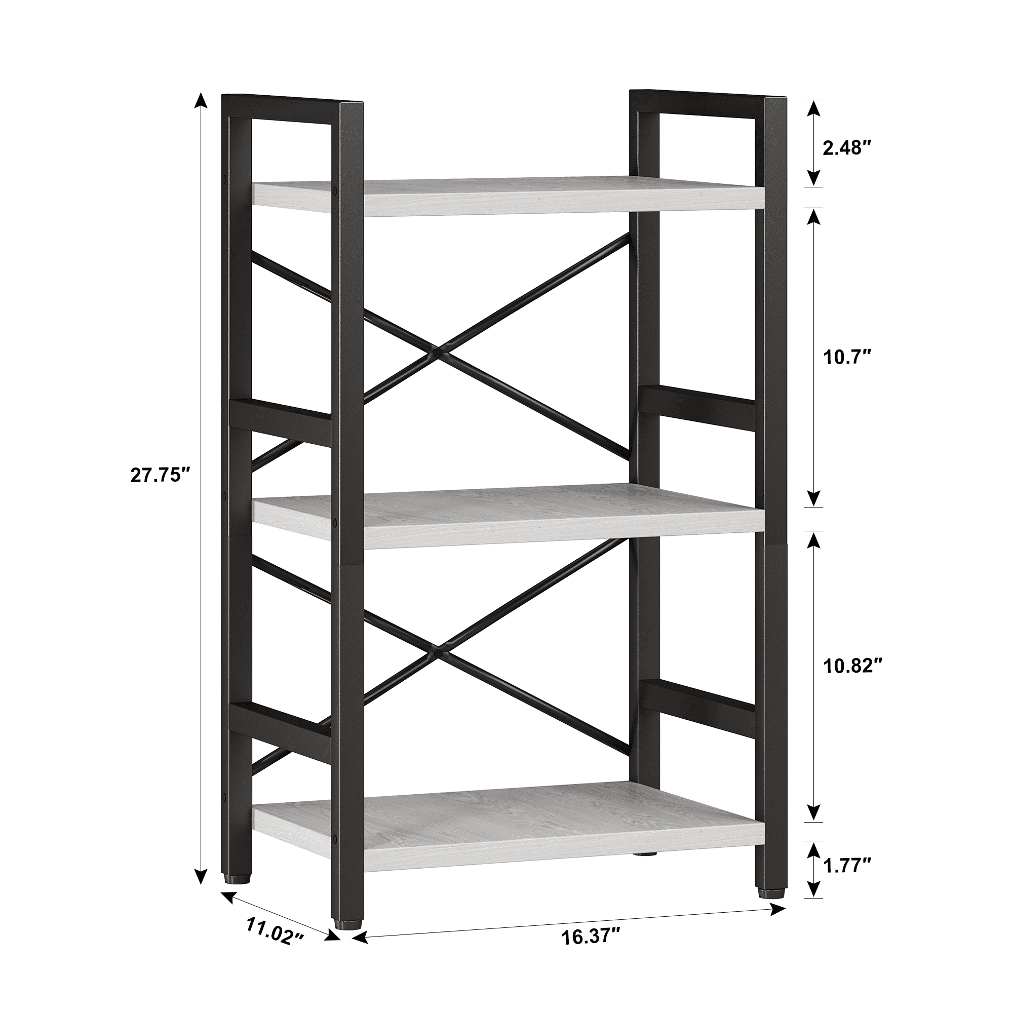 Bookshelf, 3 Tier Industrial Bookcase, Metal Small Bookcase, Rustic Etagere Book Shelf Storage Organizer for Living Room, Bedroom, and Home Office(Grey)