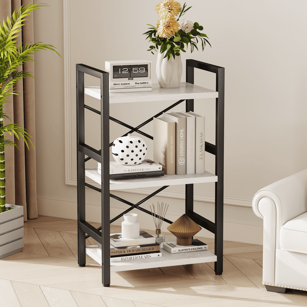 Bookshelf, 3 Tier Industrial Bookcase, Metal Small Bookcase, Rustic Etagere Book Shelf Storage Organizer for Living Room, Bedroom, and Home Office(Grey)