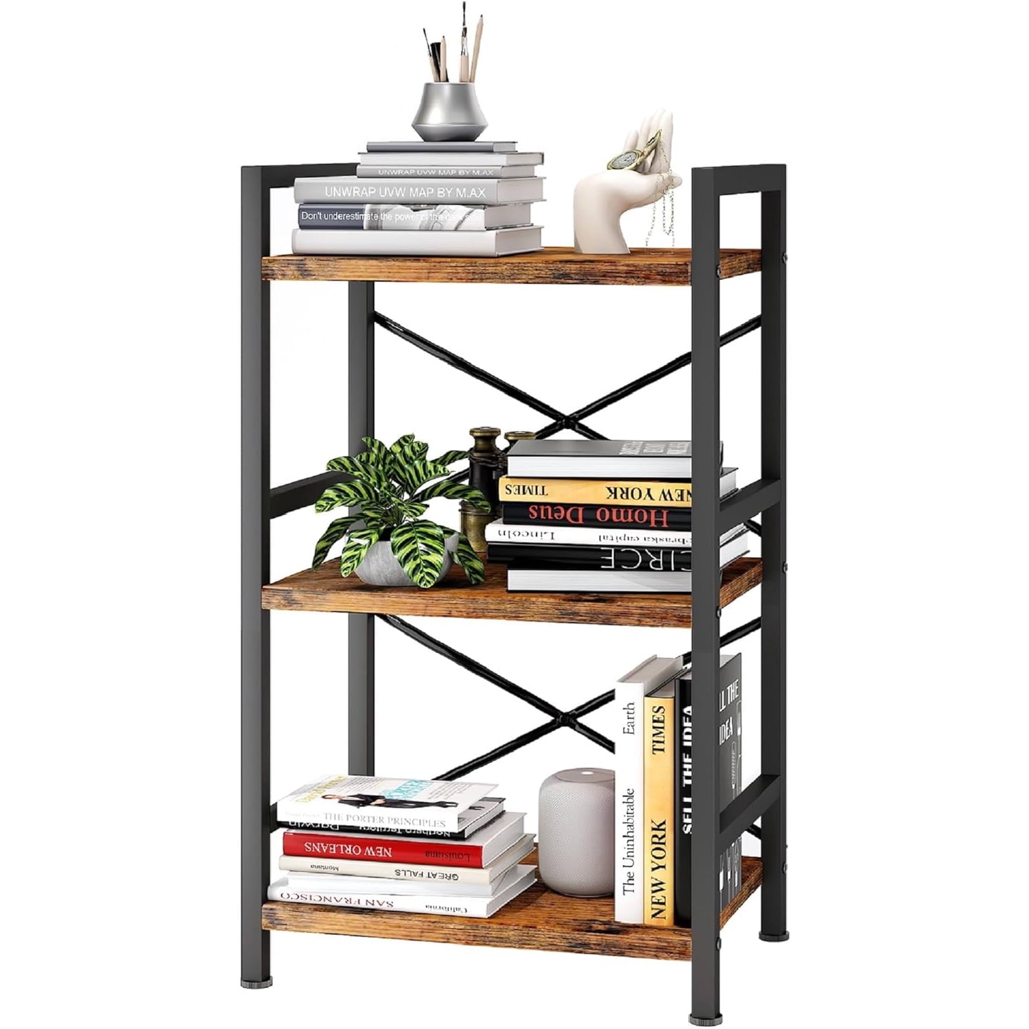 Bookshelf, 3 Tier Industrial Bookcase, Metal Small Bookcase, Rustic Etagere Book Shelf Storage Organizer for Living Room, Bedroom, and Home Office(Grey)