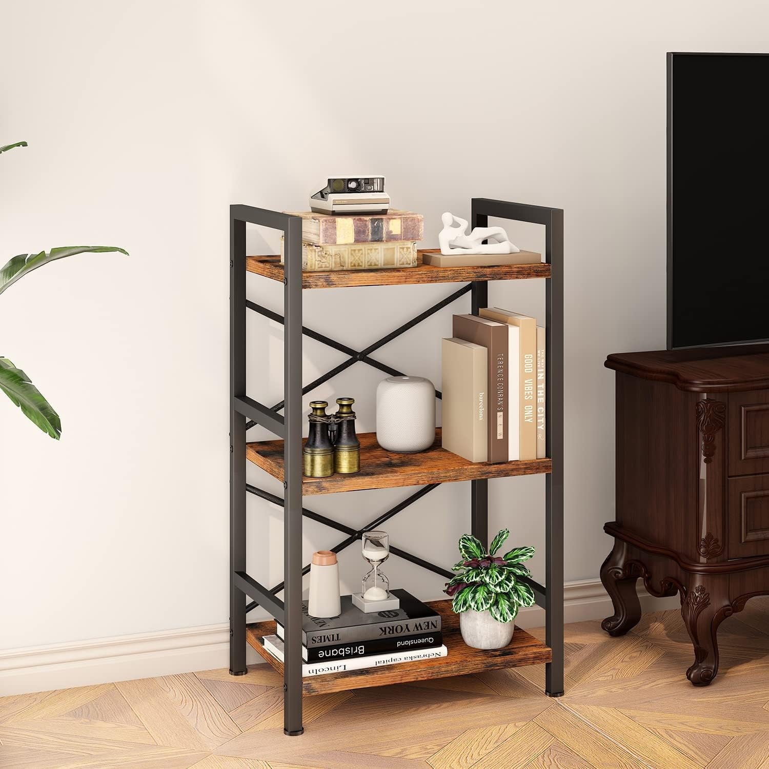 Bookshelf, 3 Tier Industrial Bookcase, Metal Small Bookcase, Rustic Etagere Book Shelf Storage Organizer for Living Room, Bedroom, and Home Office(Grey)