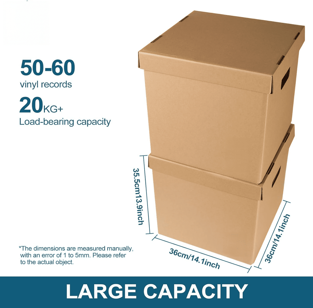 Vinyl Record Storage Box - Moving Box with Handles and Lids - Sturdy Cardboard Crate for Vinyl storage - Holds Up to 60 Records or LPs - Set of 4 Boxes (Kraft)