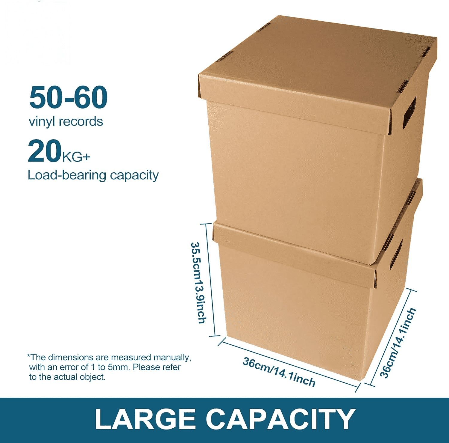 Vinyl Record Storage Box - Moving Box with Handles and Lids - Sturdy Cardboard Crate for Vinyl storage - Holds Up to 60 Records or LPs - Set of 4 Boxes (Kraft)
