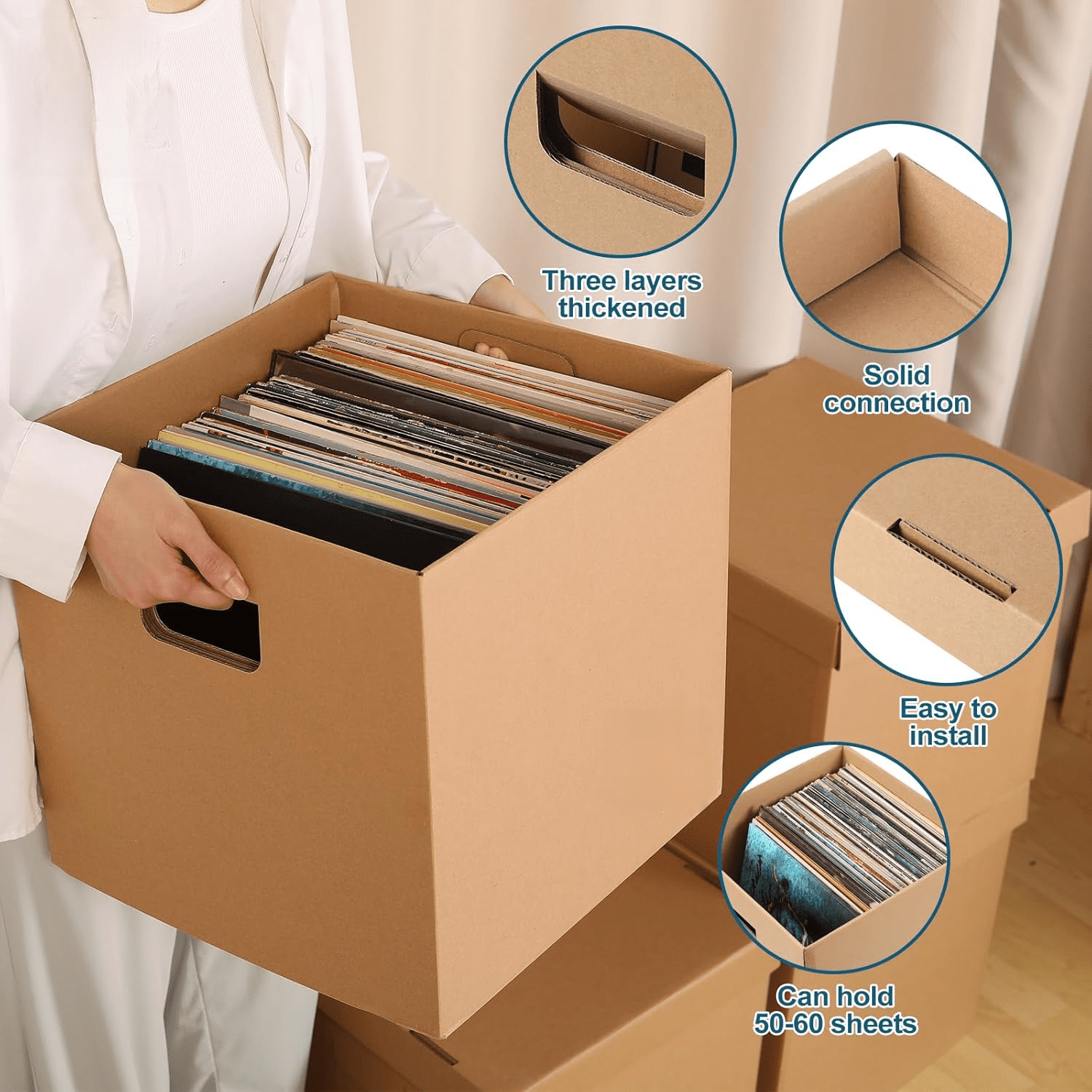 Vinyl Record Storage Box - Moving Box with Handles and Lids - Sturdy Cardboard Crate for Vinyl storage - Holds Up to 60 Records or LPs - Set of 4 Boxes (Kraft)