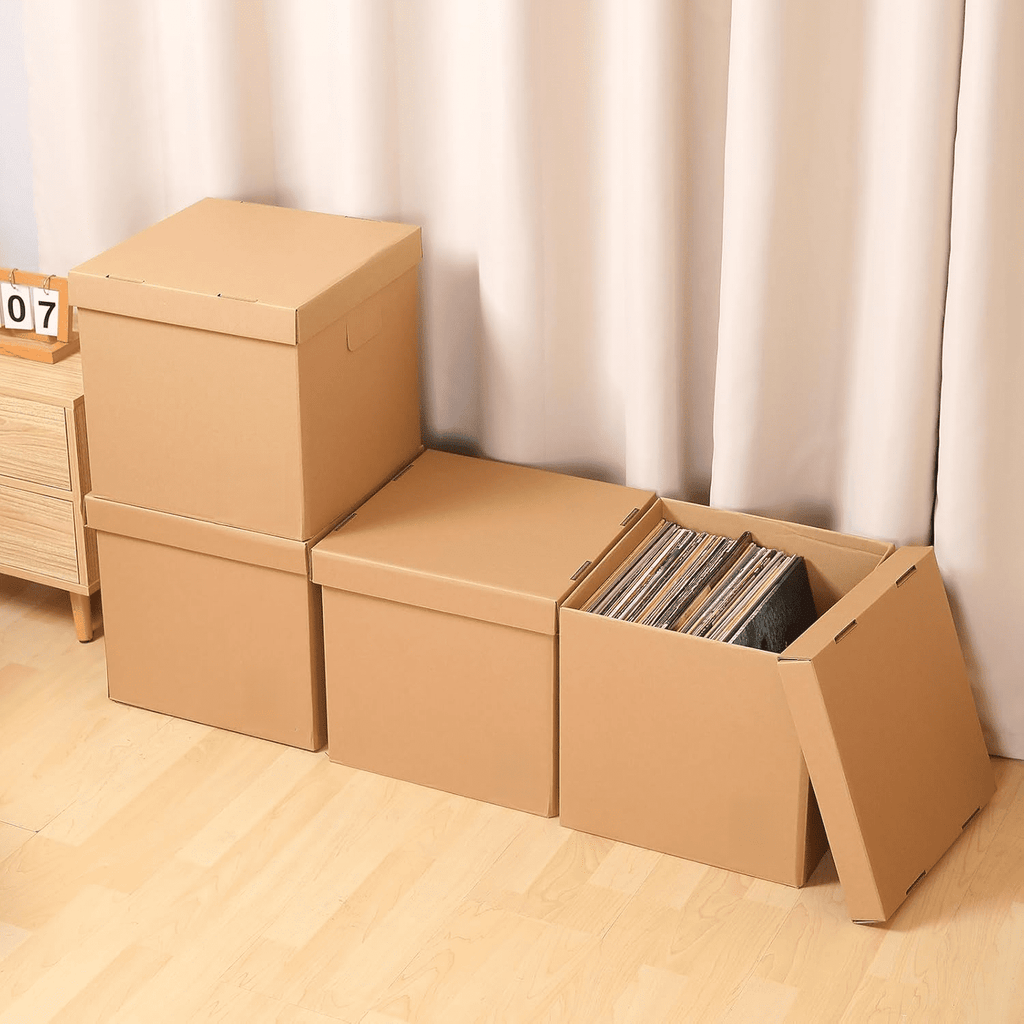 Vinyl Record Storage Box - Moving Box with Handles and Lids - Sturdy Cardboard Crate for Vinyl storage - Holds Up to 60 Records or LPs - Set of 4 Boxes (Kraft)