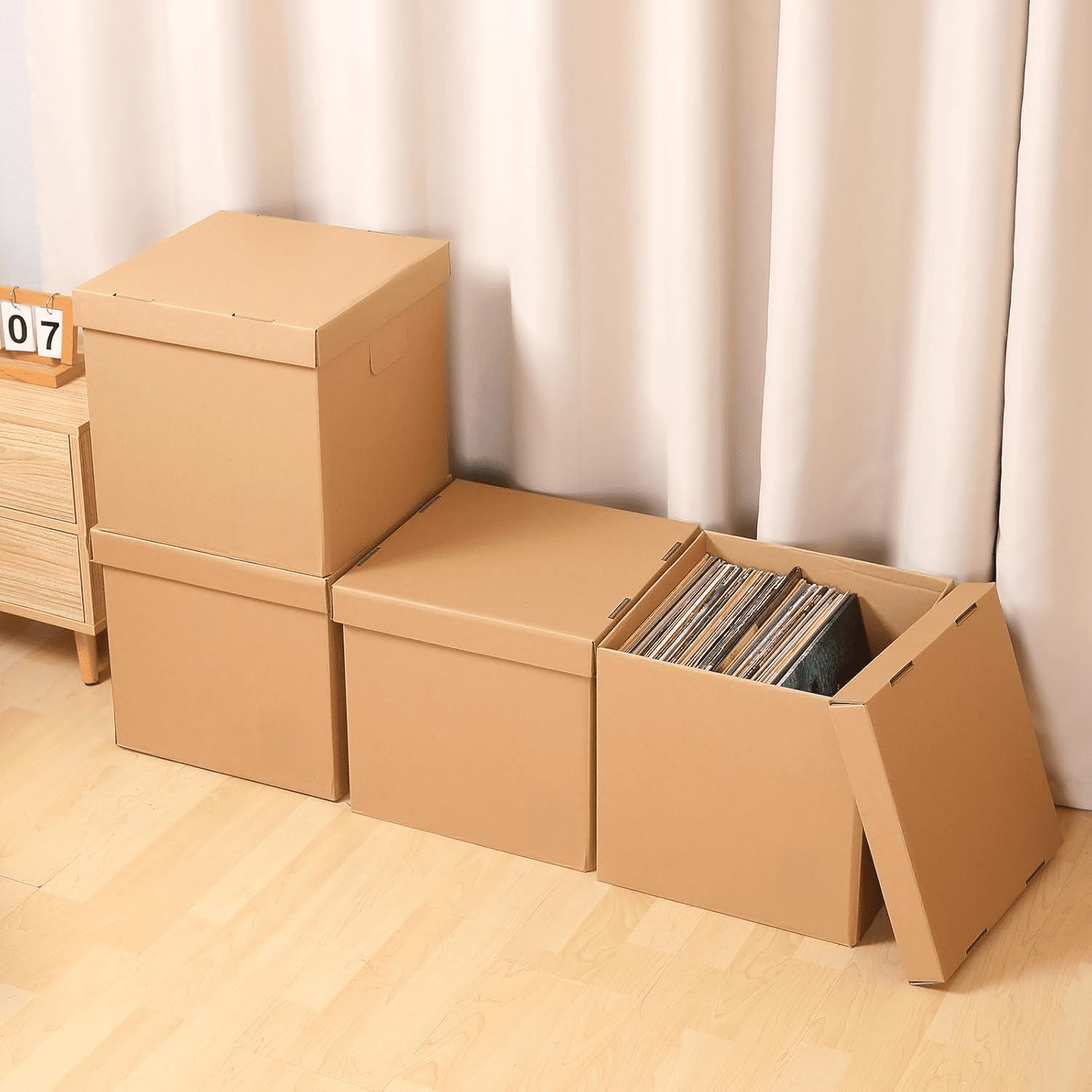 Vinyl Record Storage Box - Moving Box with Handles and Lids - Sturdy Cardboard Crate for Vinyl storage - Holds Up to 60 Records or LPs - Set of 4 Boxes (Kraft)