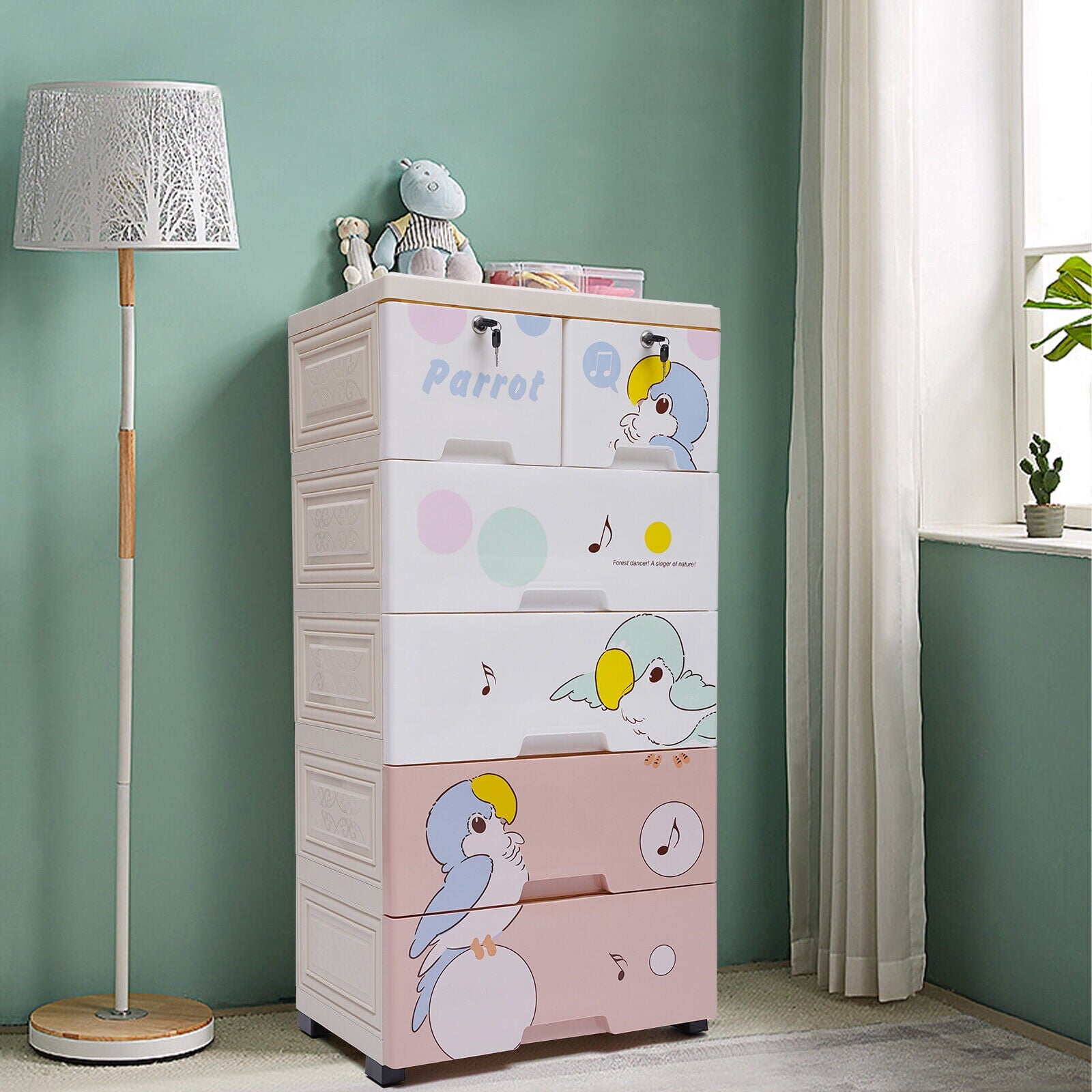 Rolling Parrot Plastic Dresser Storage Cabinet 5 Layers 6 Drawer Organizer for Living Rooms, Bedrooms