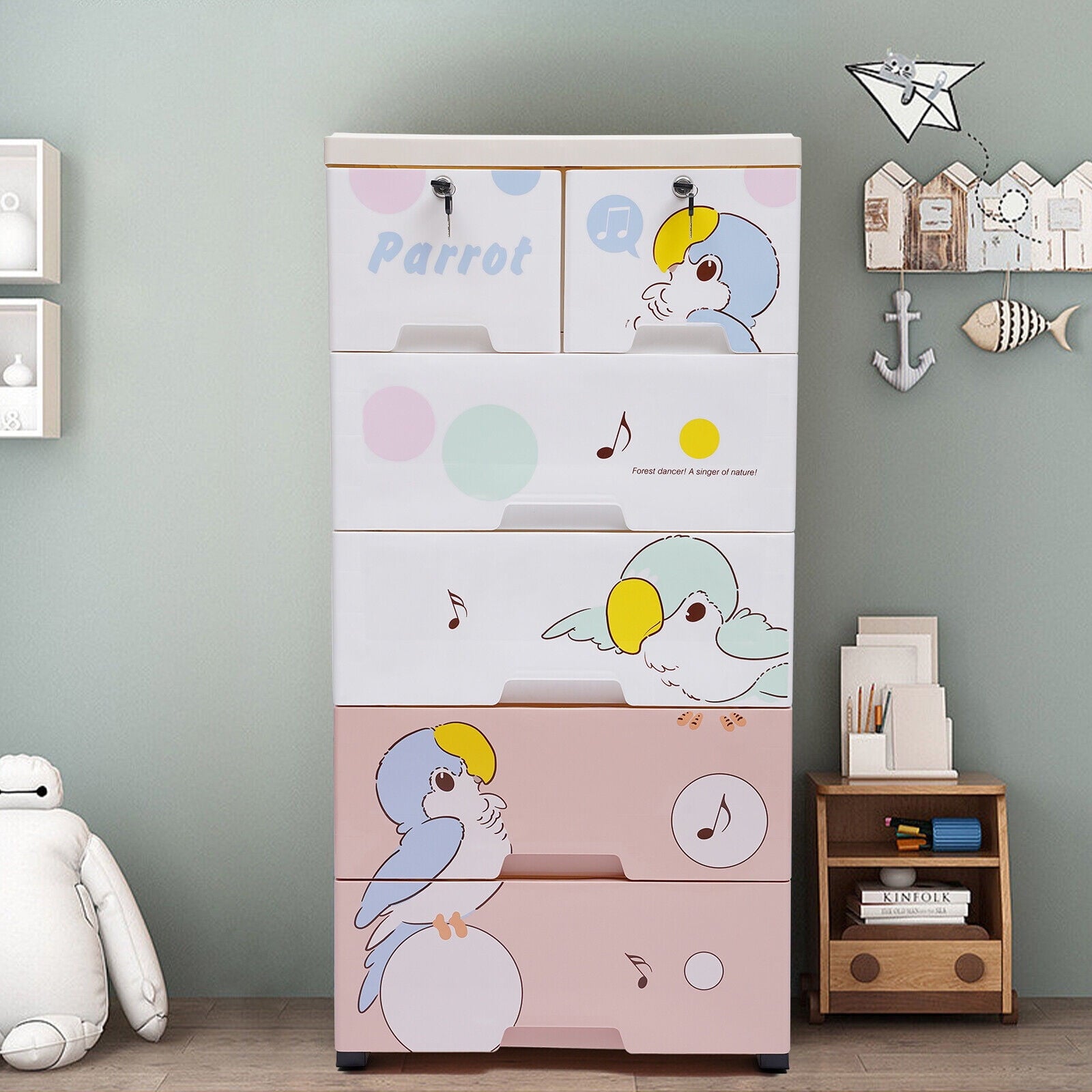 Rolling Parrot Plastic Dresser Storage Cabinet 5 Layers 6 Drawer Organizer for Living Rooms, Bedrooms