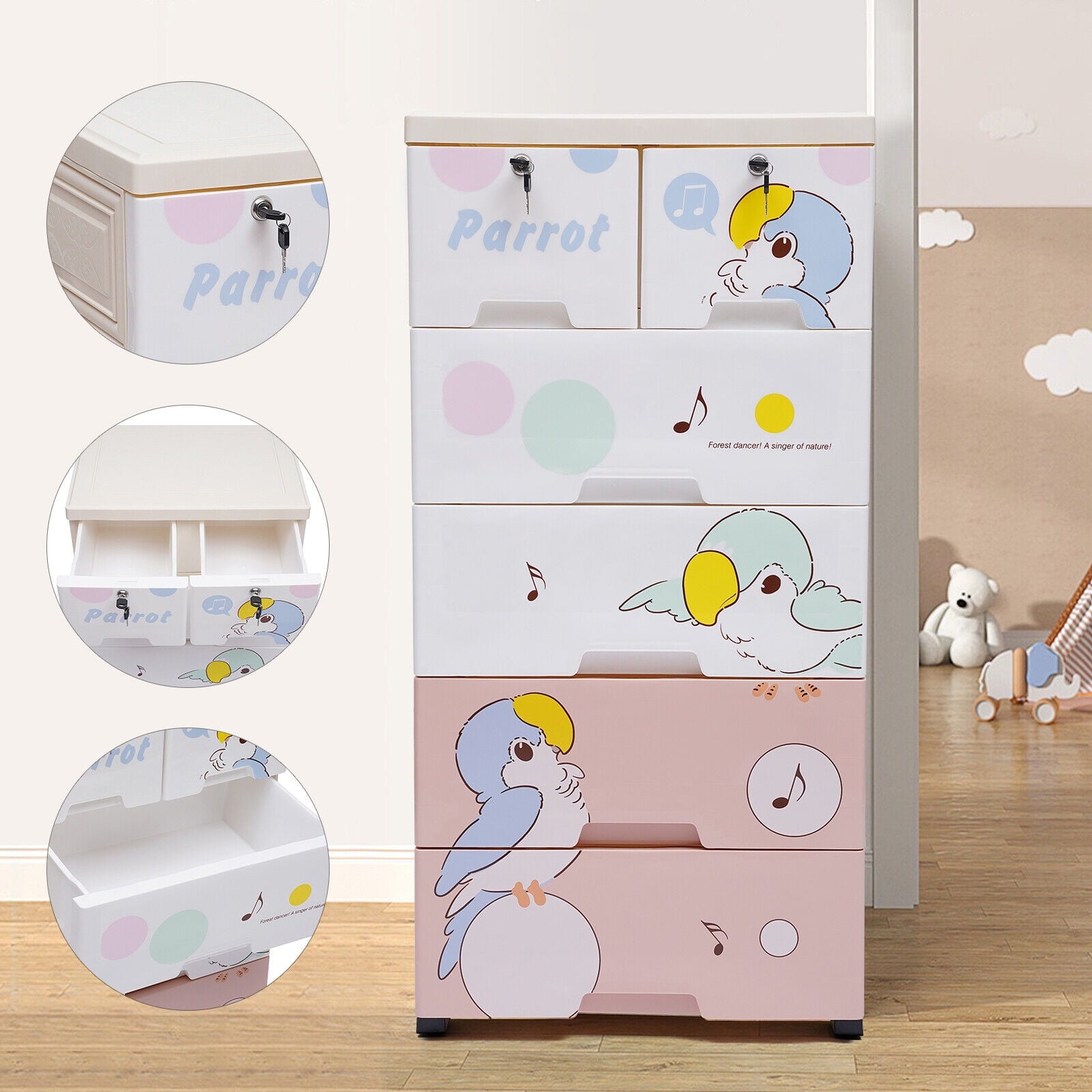 Rolling Parrot Plastic Dresser Storage Cabinet 5 Layers 6 Drawer Organizer for Living Rooms, Bedrooms