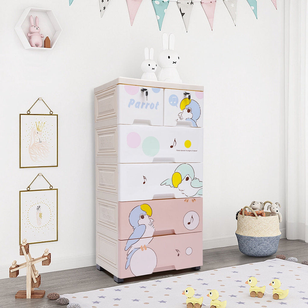 Rolling Parrot Plastic Dresser Storage Cabinet 5 Layers 6 Drawer Organizer for Living Rooms, Bedrooms
