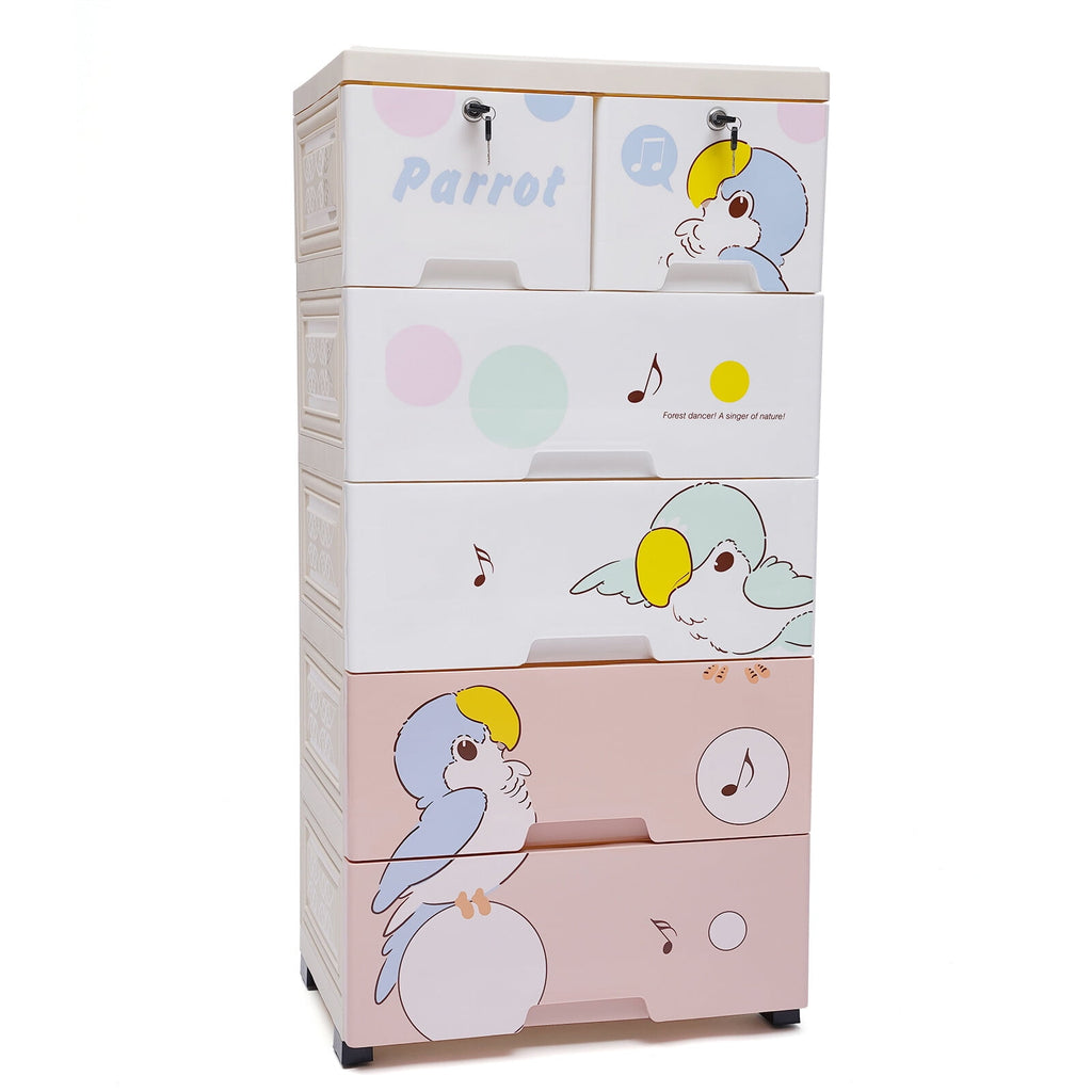 Rolling Parrot Plastic Dresser Storage Cabinet 5 Layers 6 Drawer Organizer for Living Rooms, Bedrooms