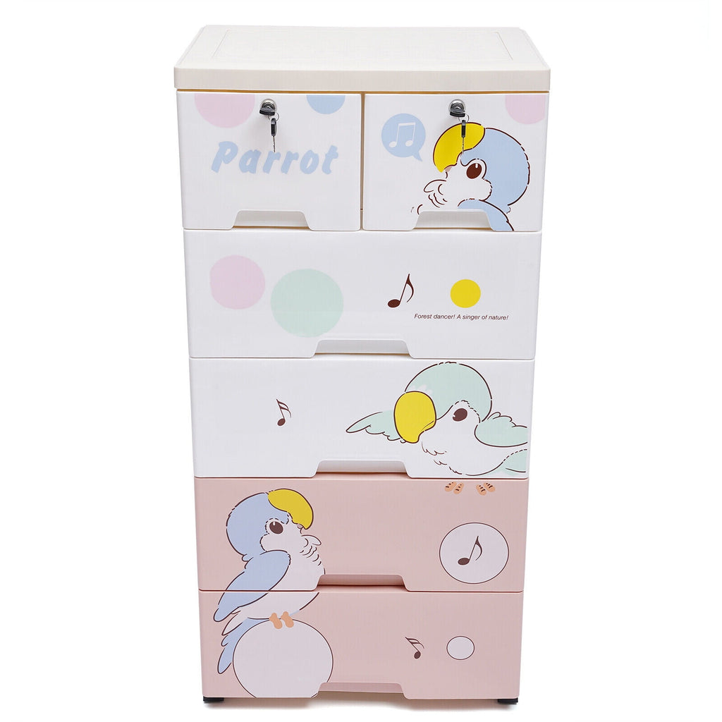 Rolling Parrot Plastic Dresser Storage Cabinet 5 Layers 6 Drawer Organizer for Living Rooms, Bedrooms