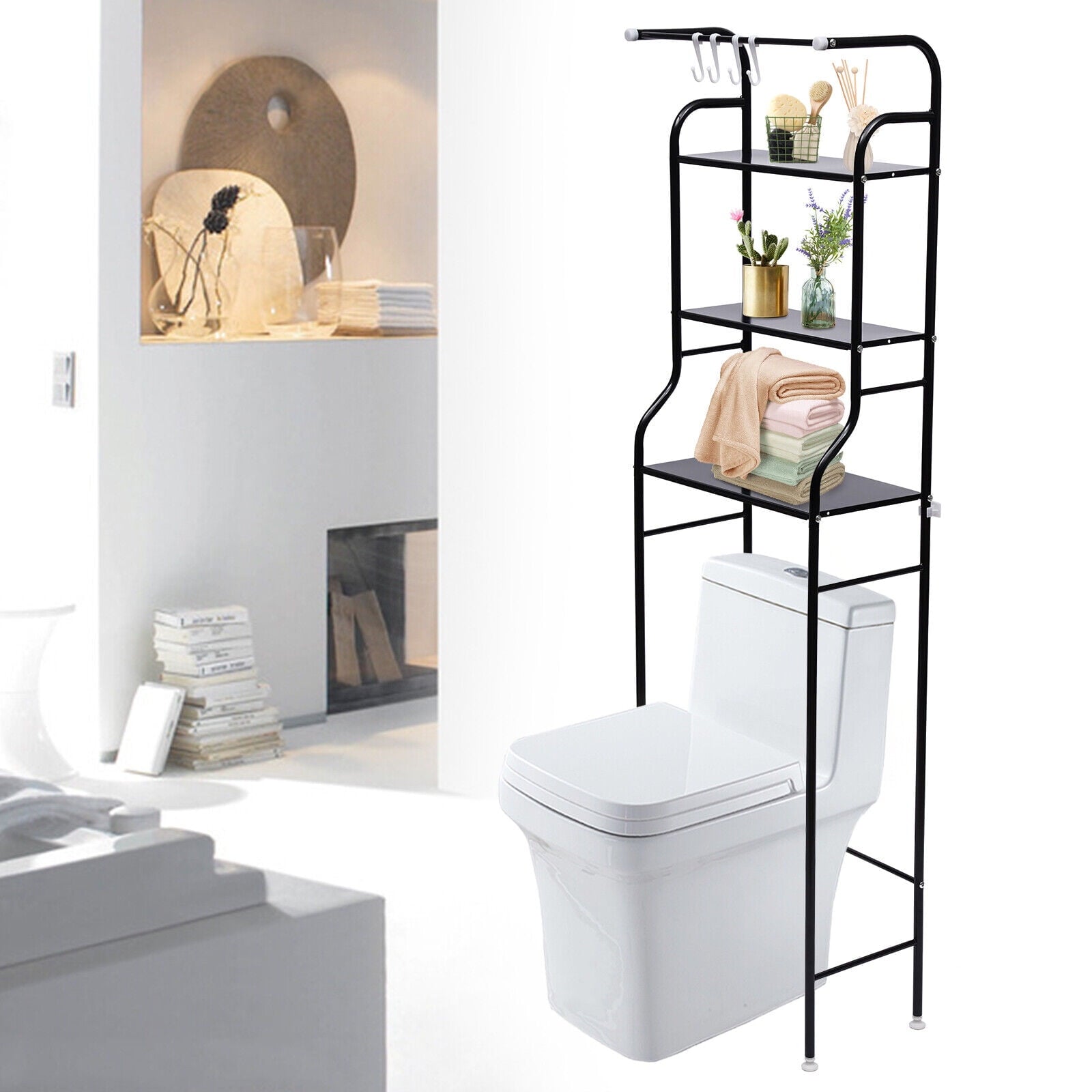 4-Tier Over The Toilet Storage Rack, Freestanding Bathroom Over Toilet Shelf Organizer Rack 63.2in Black