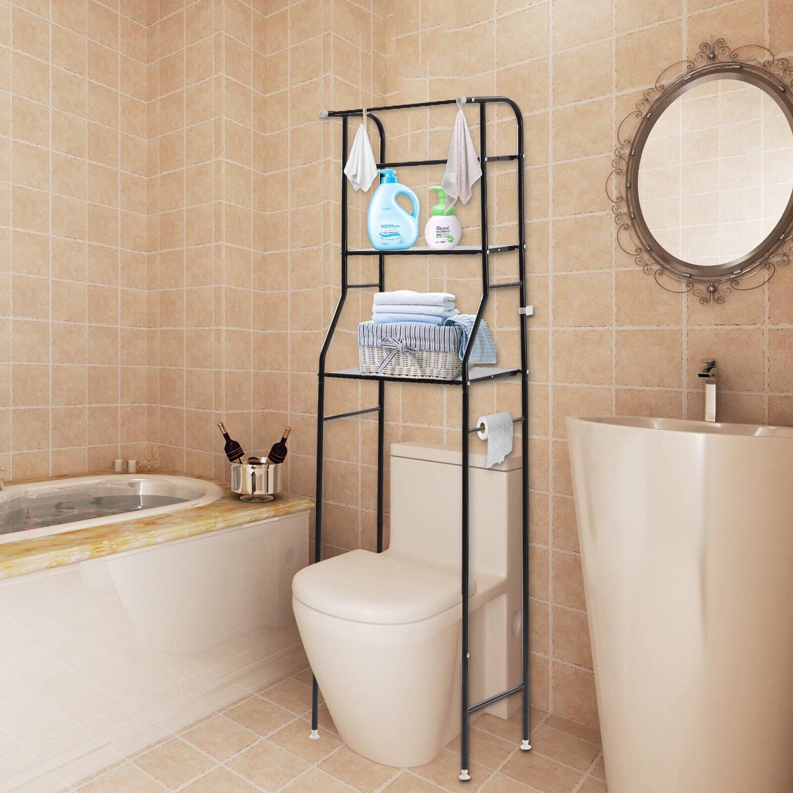 4-Tier Over The Toilet Storage Rack, Freestanding Bathroom Over Toilet Shelf Organizer Rack 63.2in Black