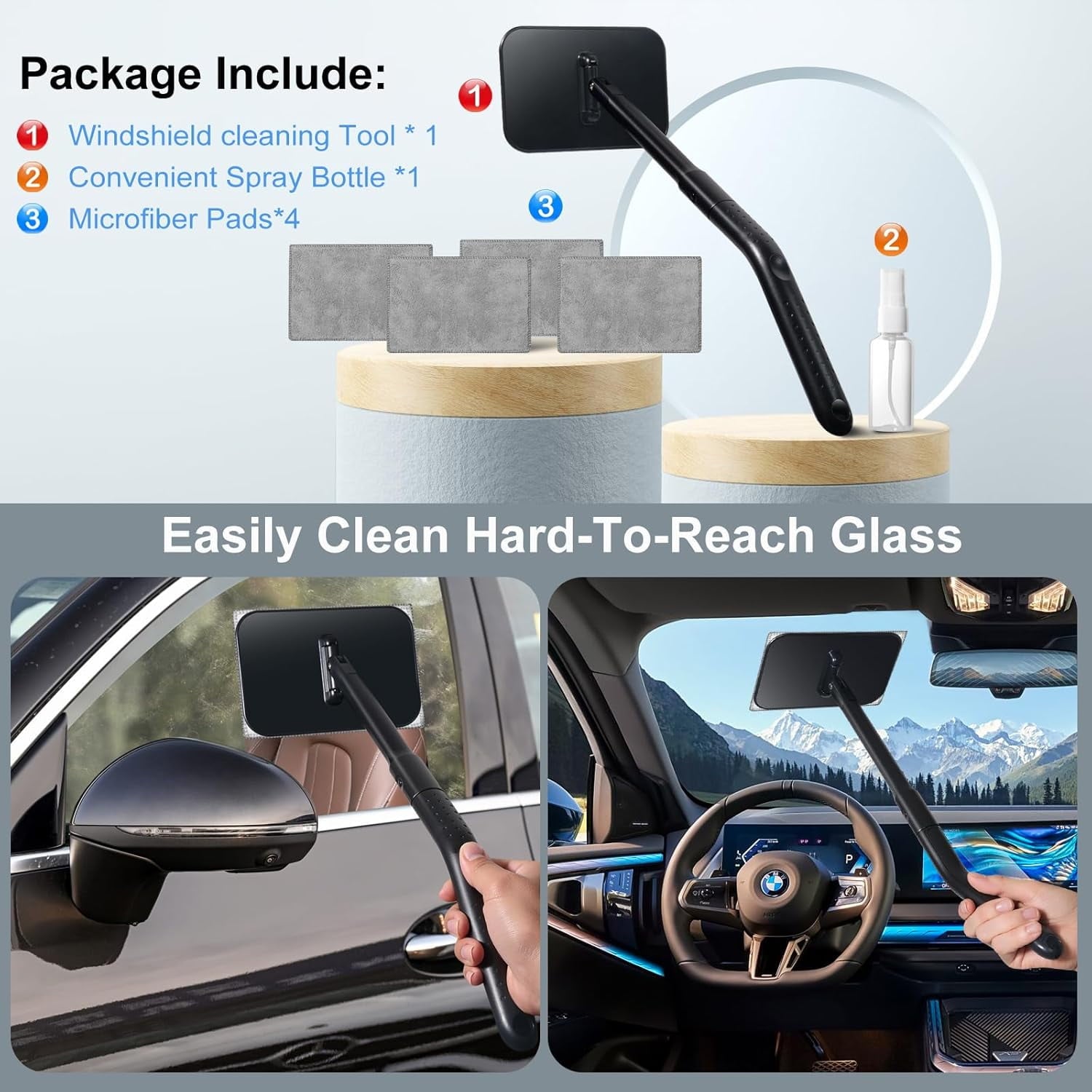 Windshield Cleaning Tool, Window Cleaning Wash Kit with 4  Microfiber Pads and 1  Bottle,Extendable Long Handle Glass Wiper Cleaning Kit for  Glass, , SUVs, RVs,