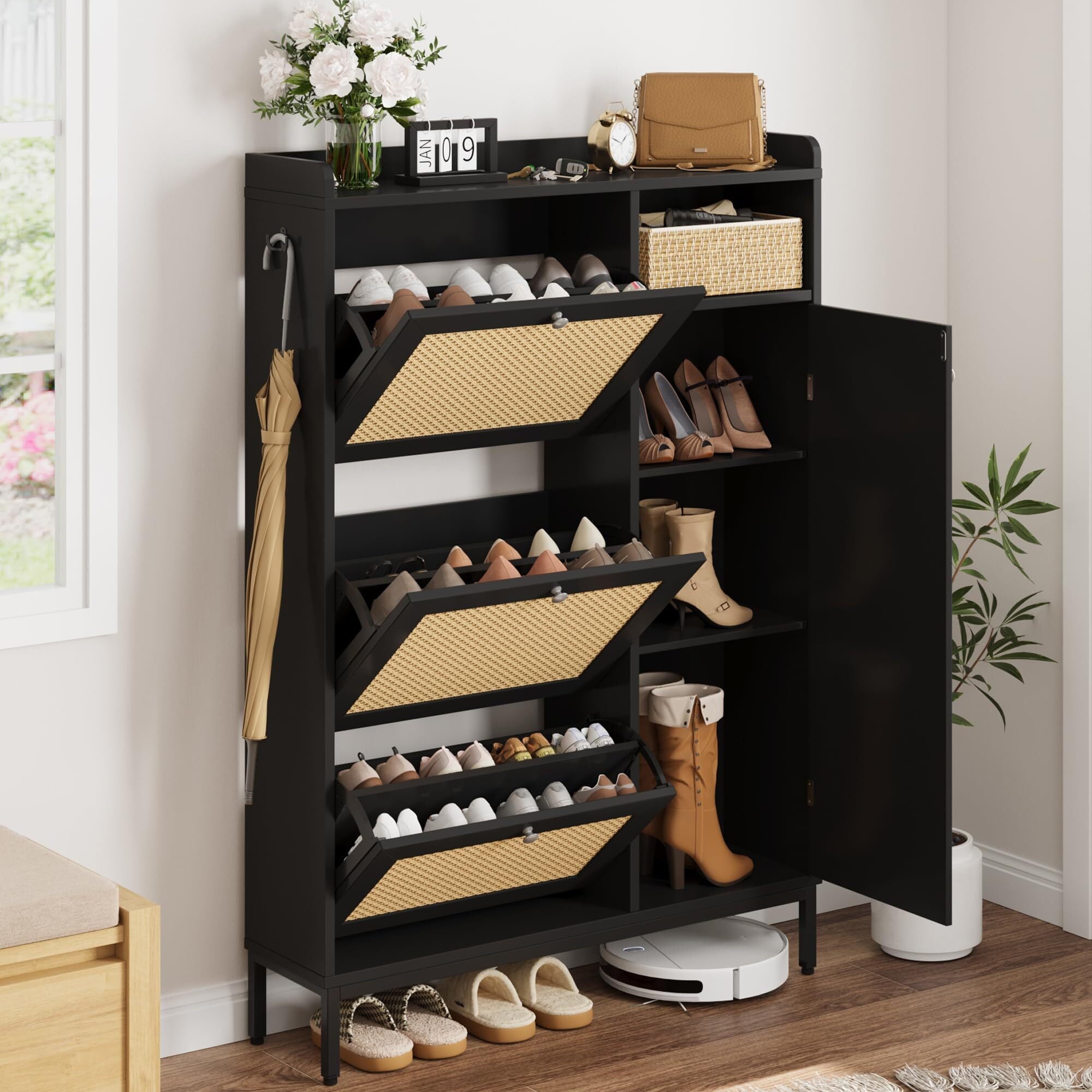 Rattan Shoe Cabinet Storage with 3 Flip Drawers and 4-Tier Cabinets, Freestanding Shoes Rack Organizer for Entryway, Closet, Narrow Shoe Rack Cabinet