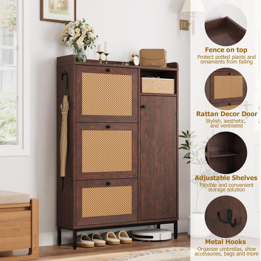 Rattan Shoe Cabinet Storage with 3 Flip Drawers and 4-Tier Cabinets, Freestanding Shoes Rack Organizer for Entryway, Closet, Narrow Shoe Rack Cabinet