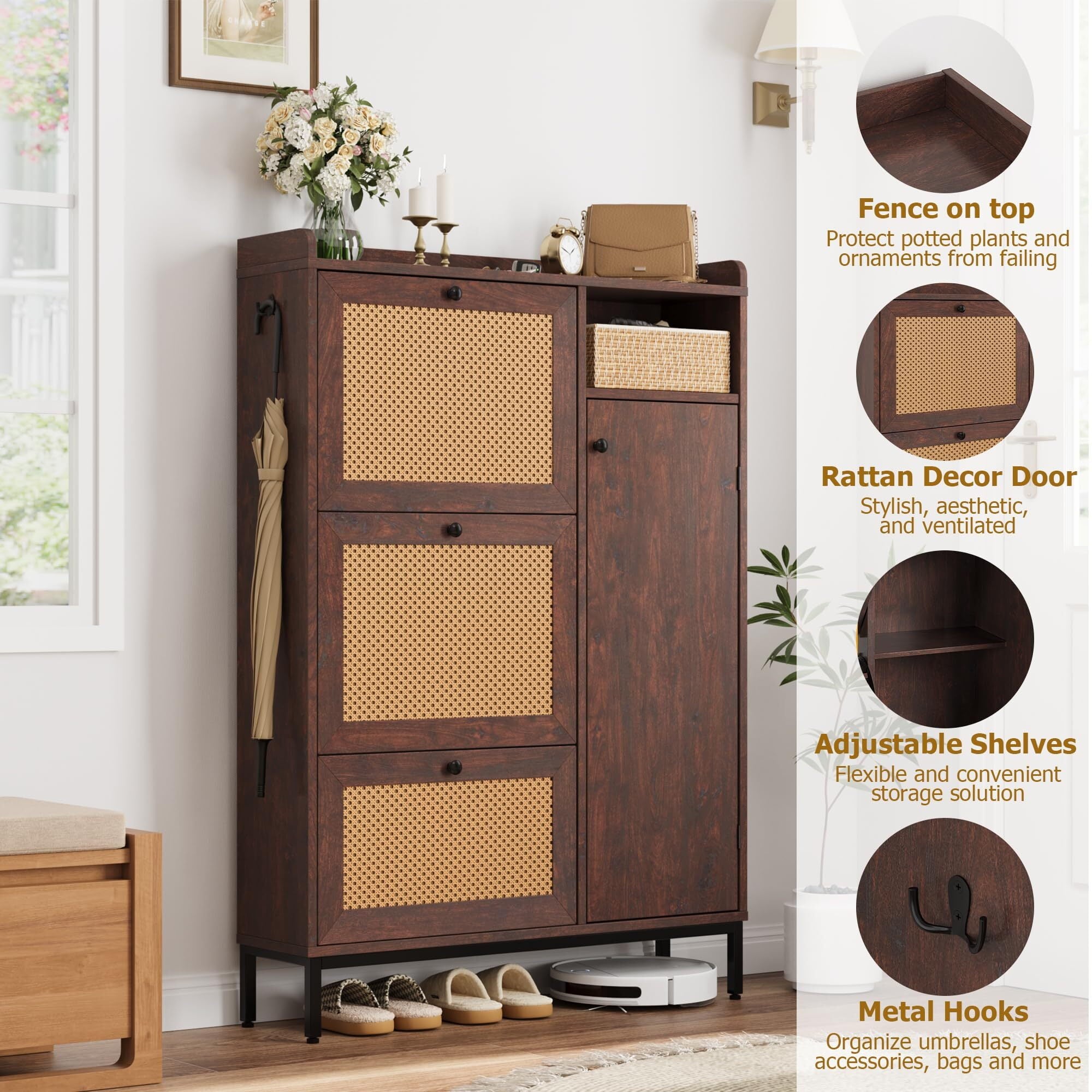 Rattan Shoe Cabinet Storage with 3 Flip Drawers and 4-Tier Cabinets, Freestanding Shoes Rack Organizer for Entryway, Closet, Narrow Shoe Rack Cabinet