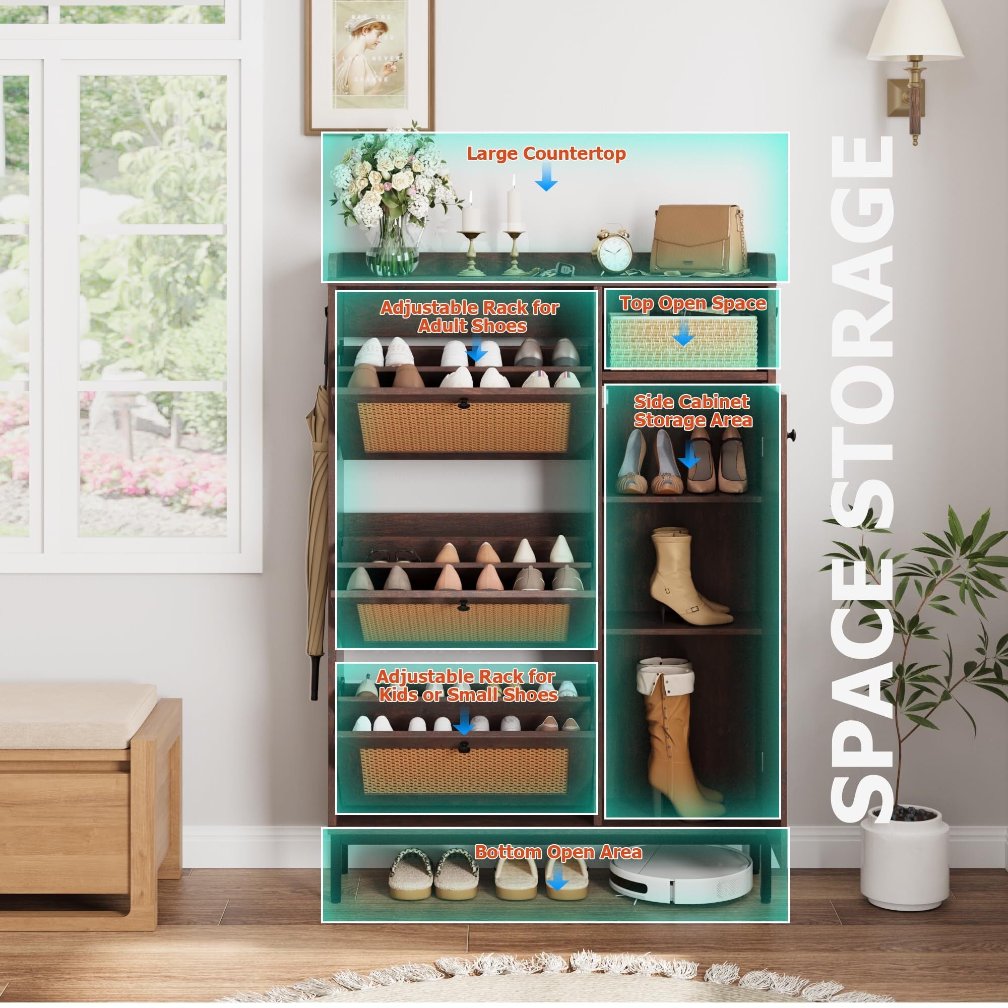 Rattan Shoe Cabinet Storage with 3 Flip Drawers and 4-Tier Cabinets, Freestanding Shoes Rack Organizer for Entryway, Closet, Narrow Shoe Rack Cabinet